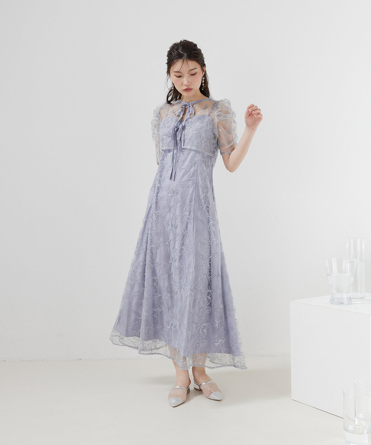 花柄シアーレースリボンドレス2点セット