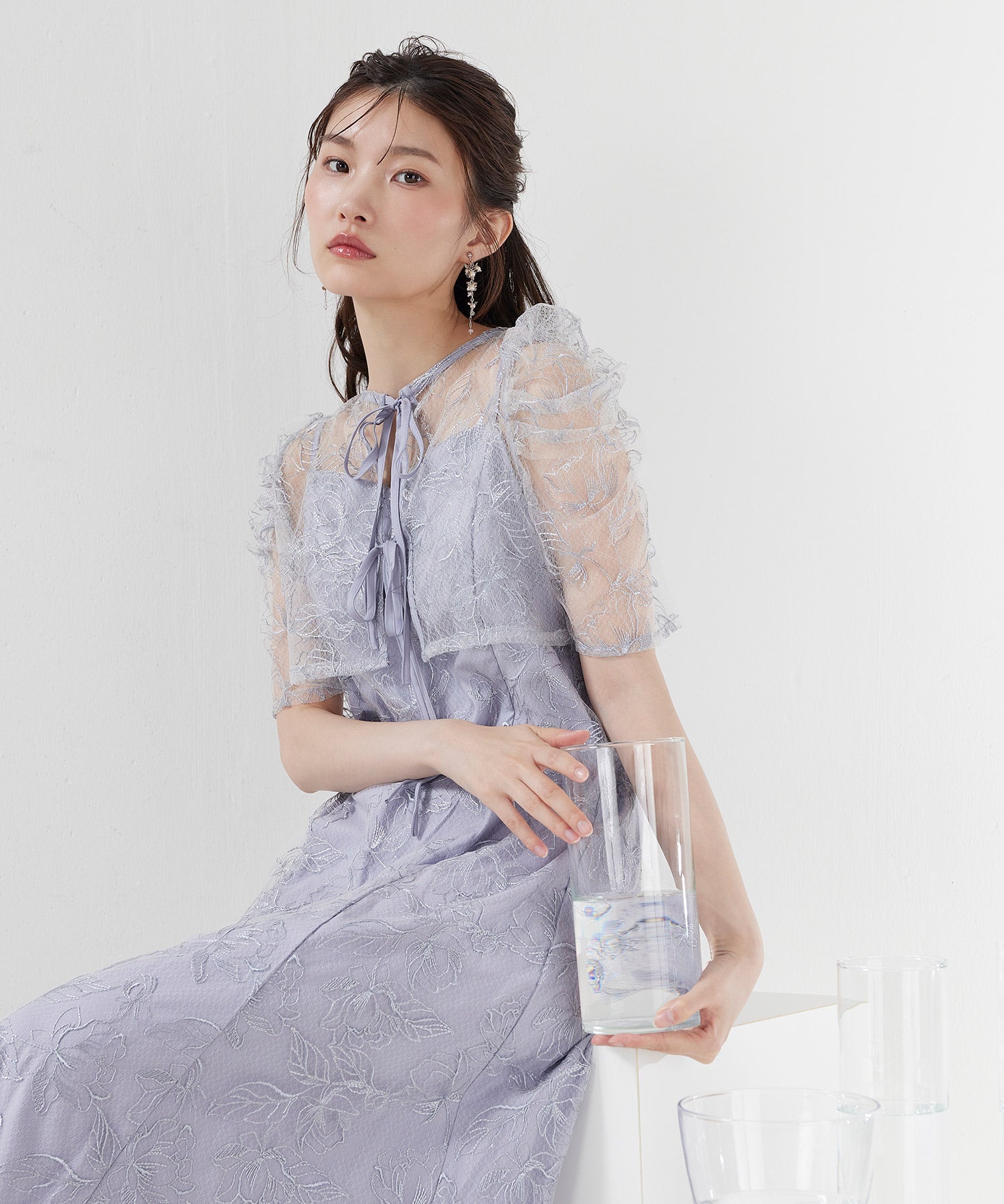 花柄シアーレースリボンドレス2点セット