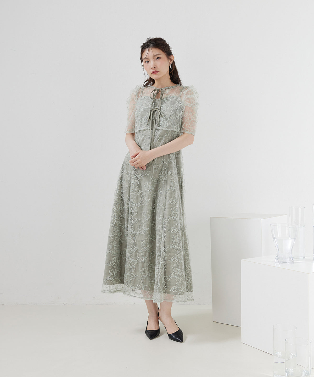 花柄シアーレースリボンドレス2点セット