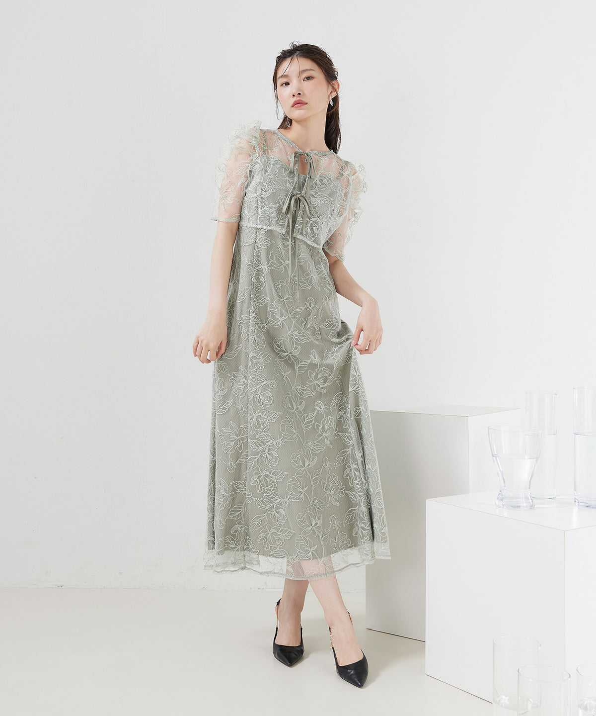 花柄シアーレースリボンドレス2点セット