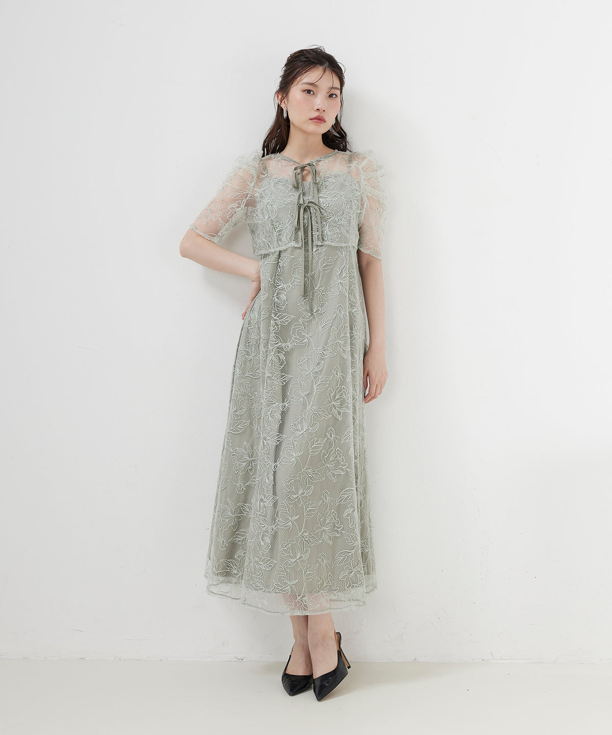 花柄シアーレースリボンドレス2点セット