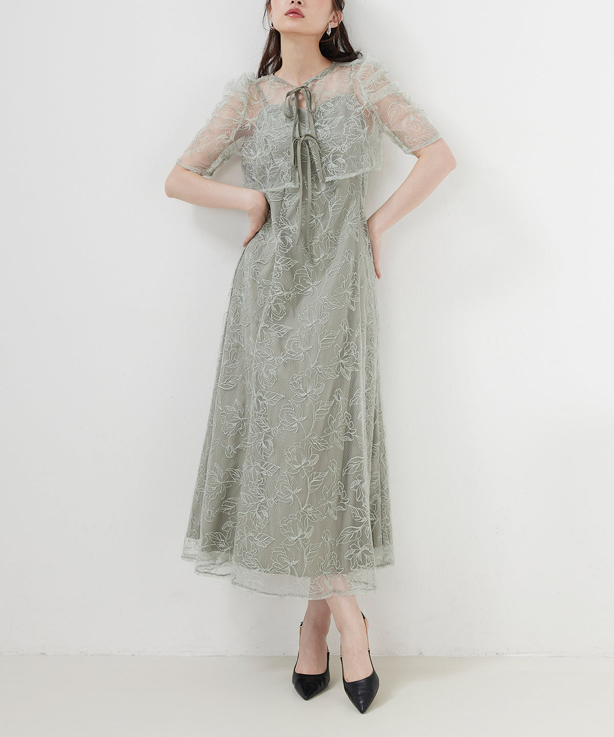 花柄シアーレースリボンドレス2点セット