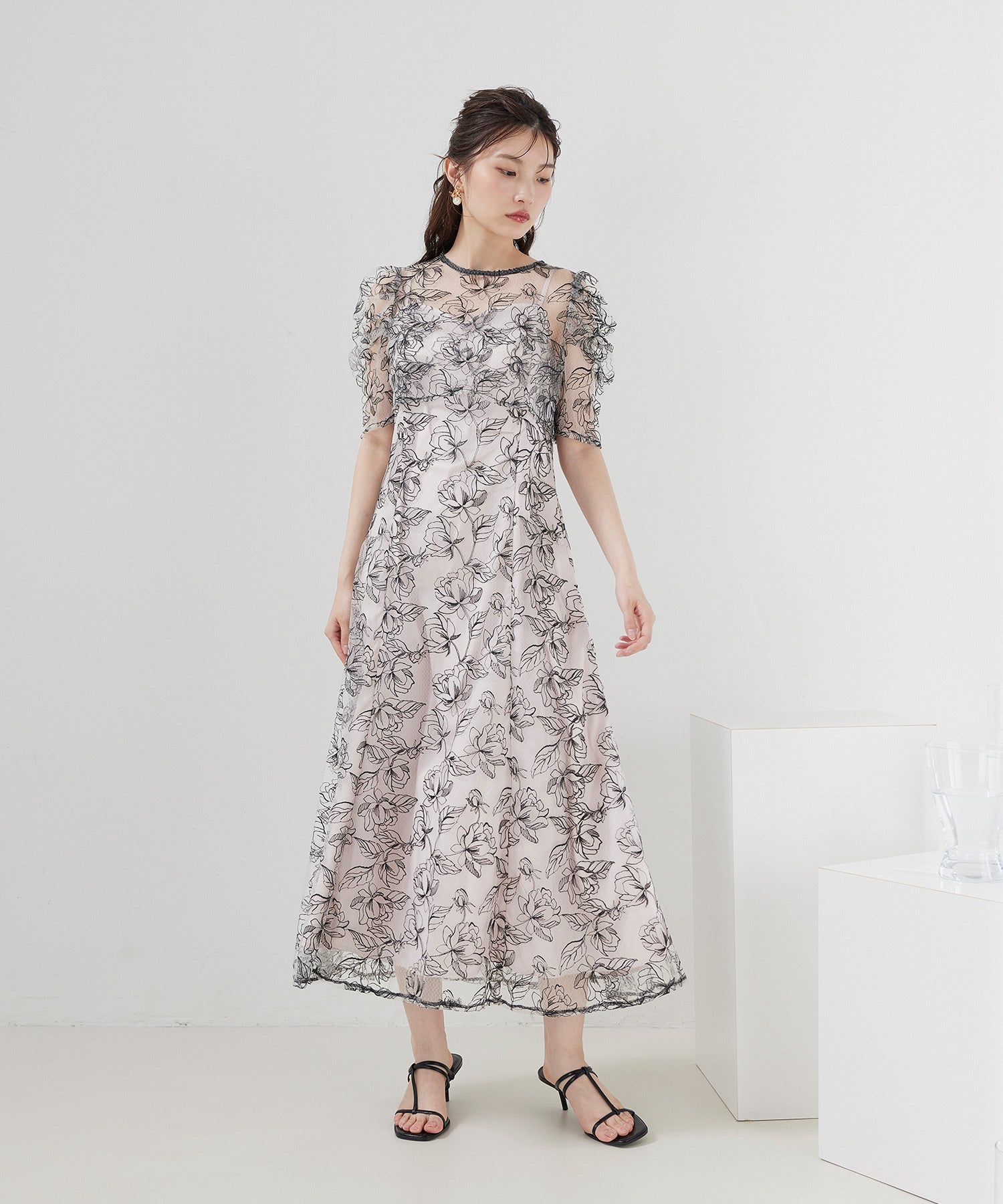 花柄シアーレースリボンドレス2点セット