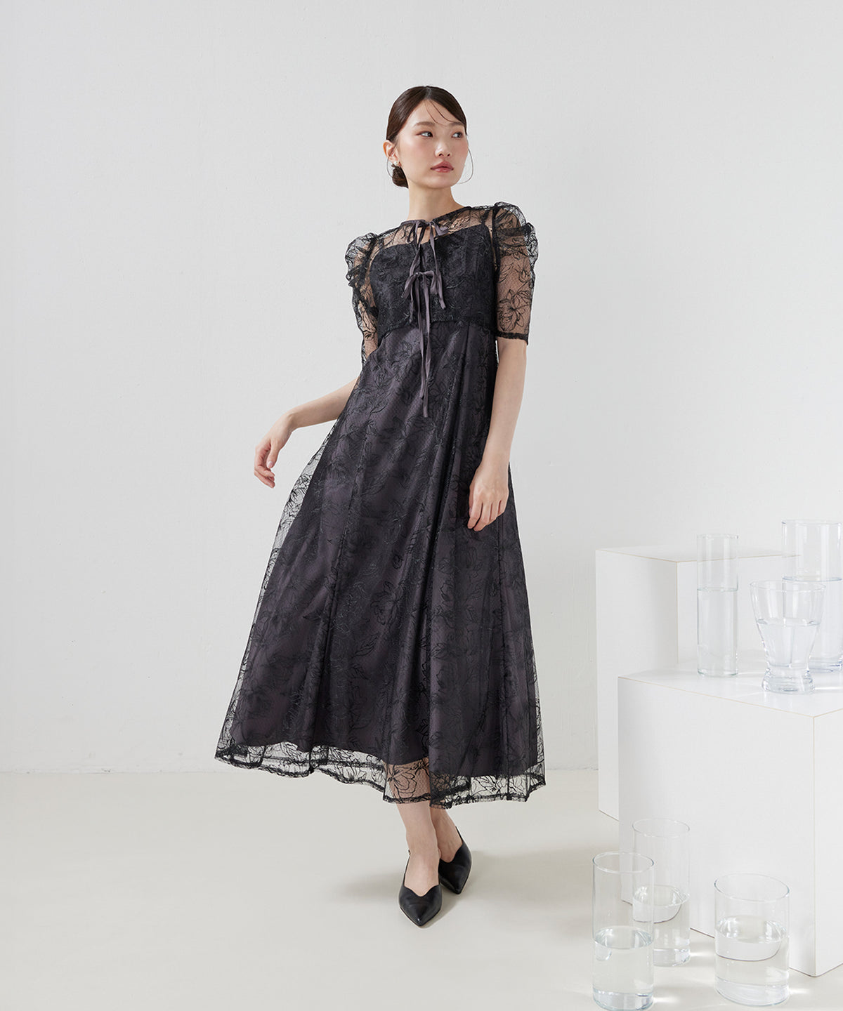 花柄シアーレースリボンドレス2点セット