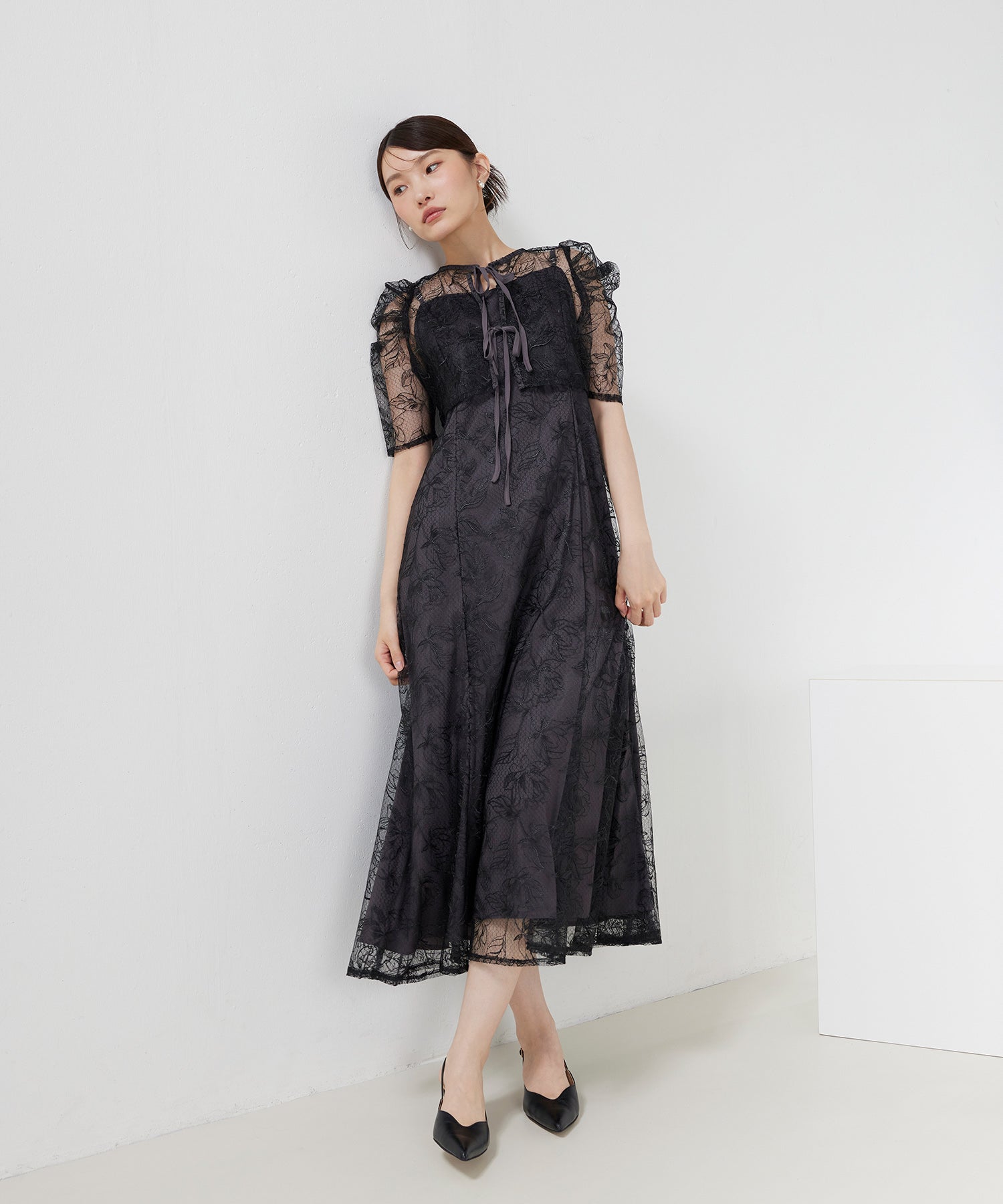 花柄シアーレースリボンドレス2点セット