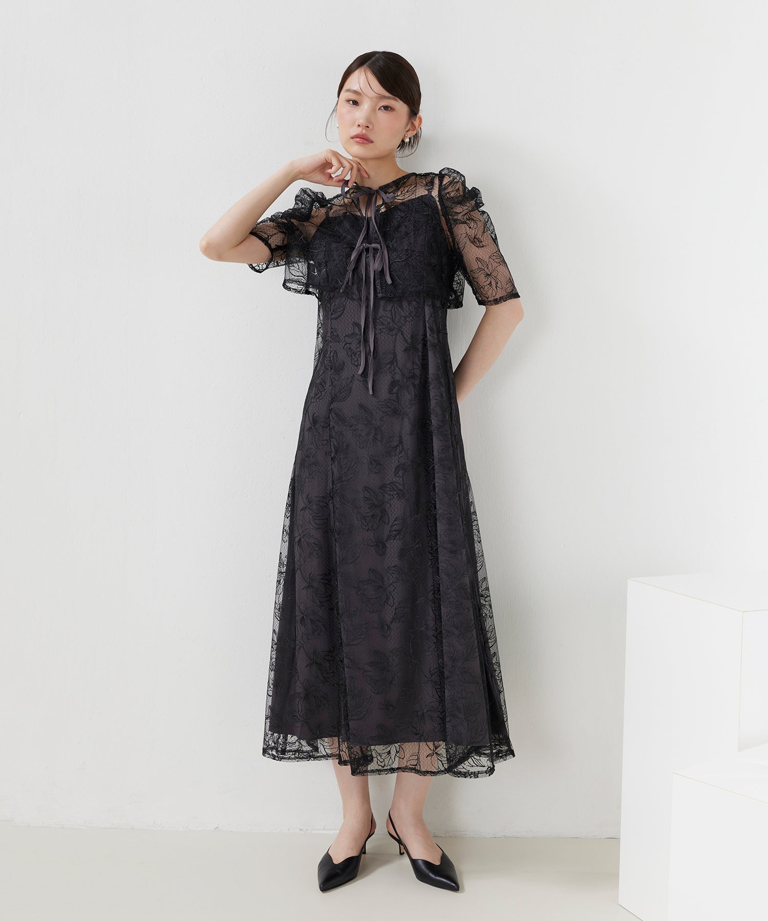 花柄シアーレースリボンドレス2点セット