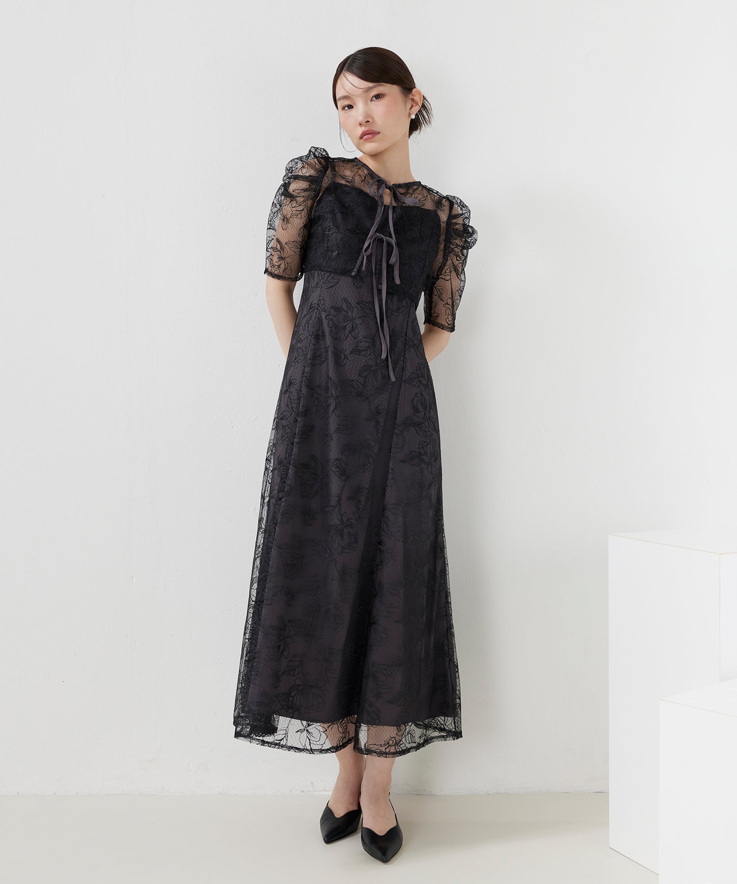 花柄シアーレースリボンドレス2点セット
