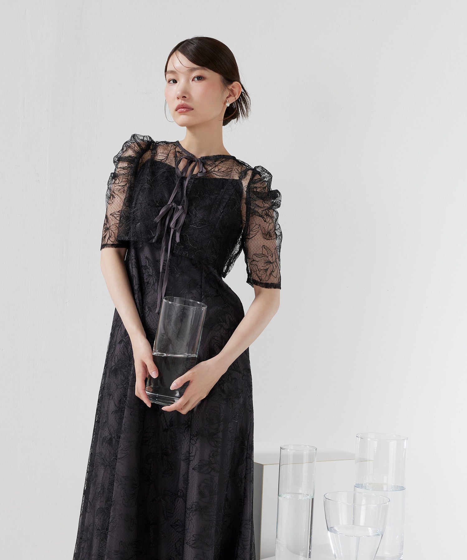 花柄シアーレースリボンドレス2点セット