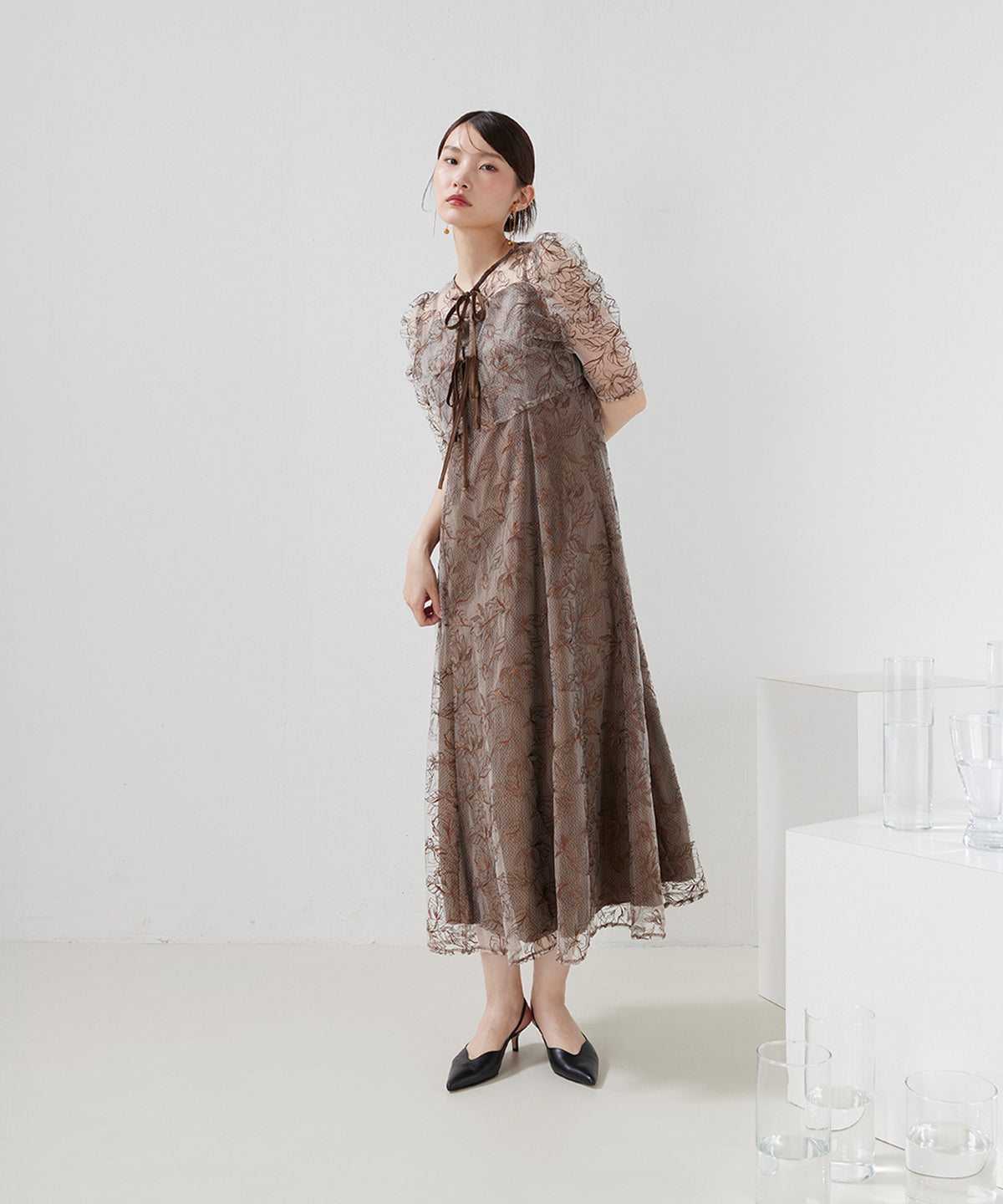 花柄シアーレースリボンドレス2点セット