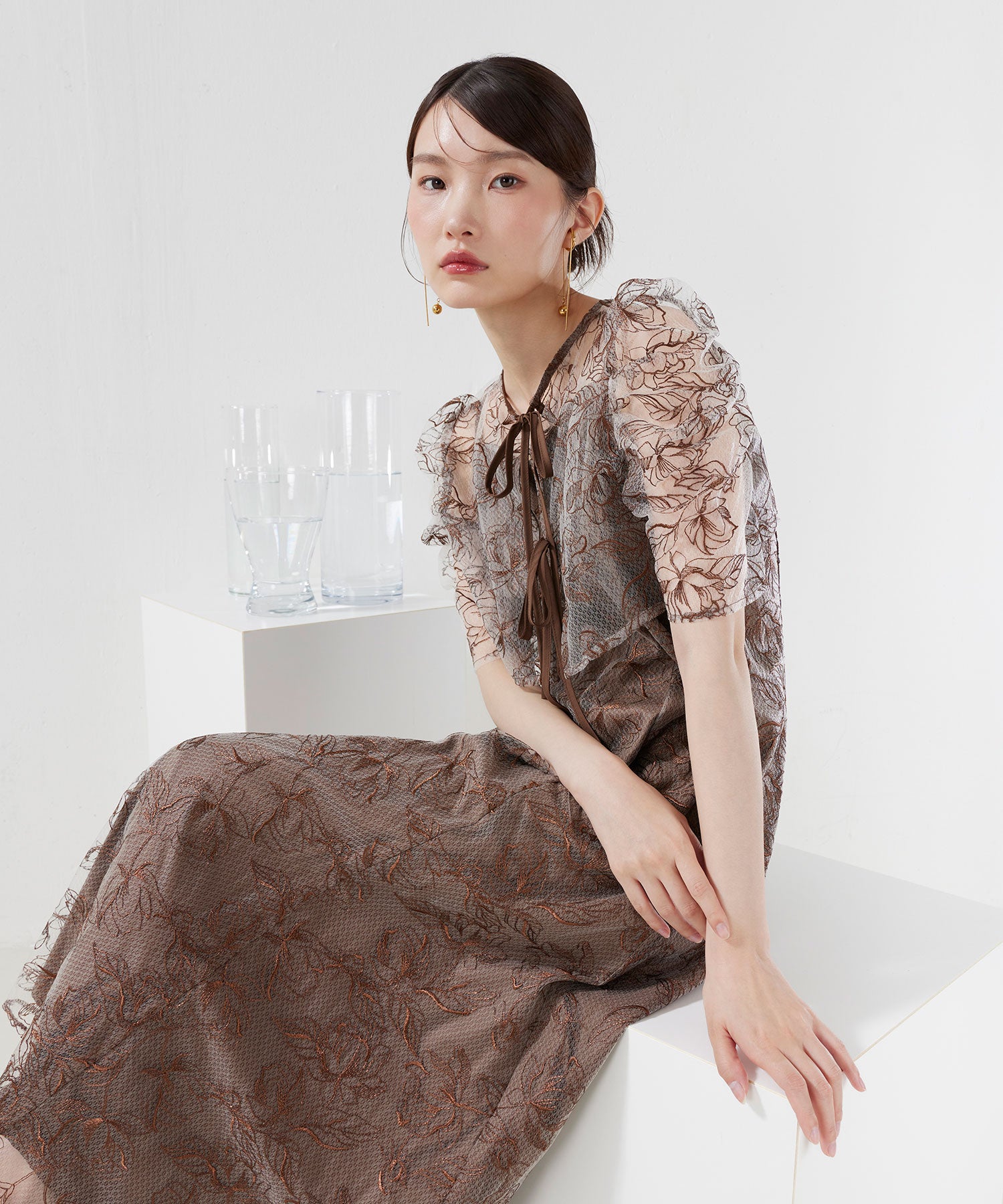 花柄シアーレースリボンドレス2点セット