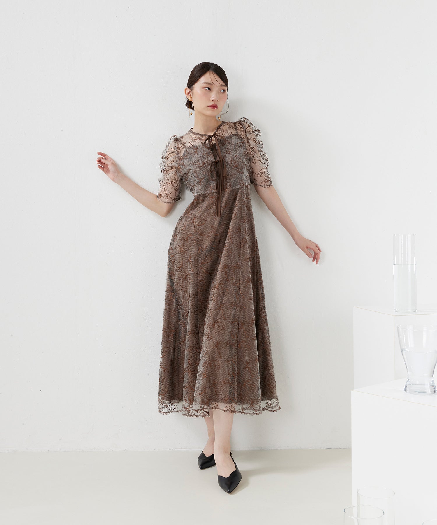 花柄シアーレースリボンドレス2点セット