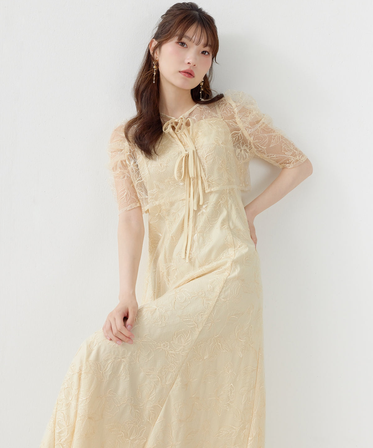 花柄シアーレースリボンドレス2点セット