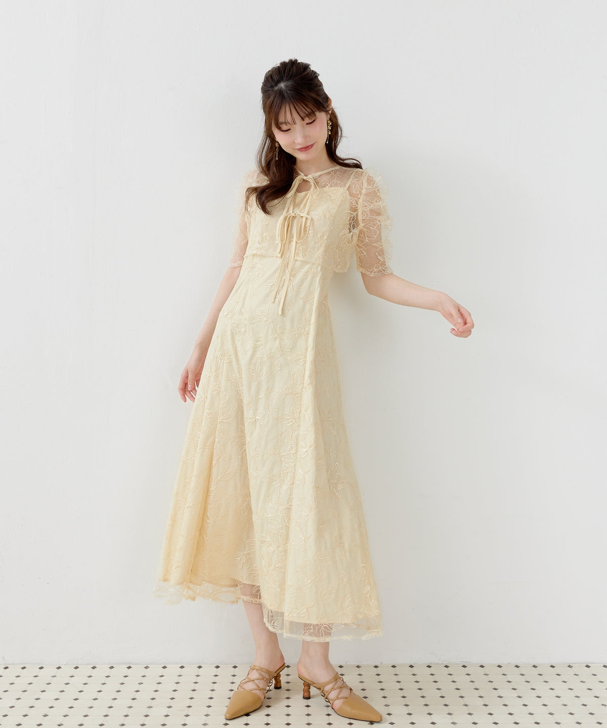 花柄シアーレースリボンドレス2点セット