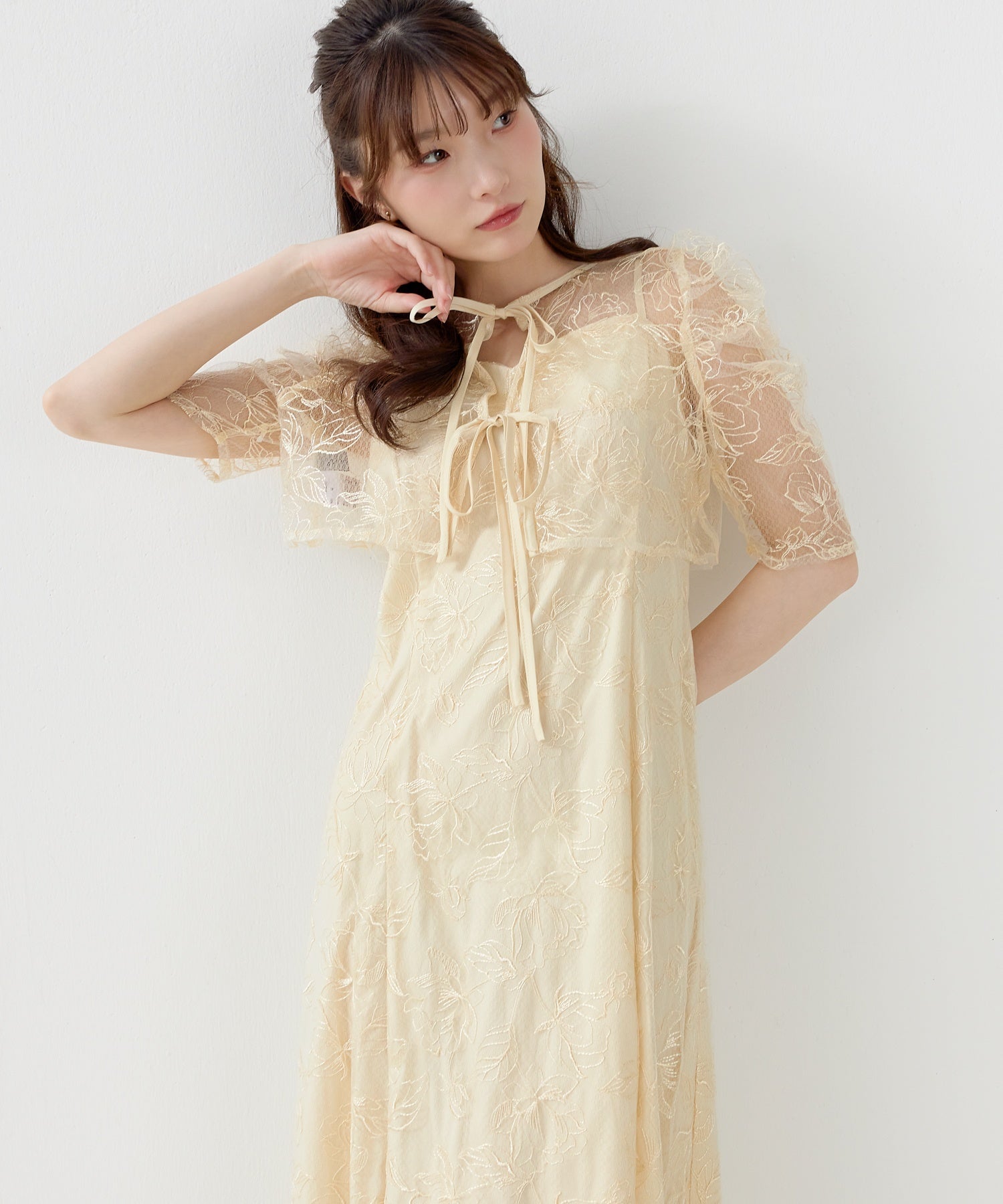 花柄シアーレースリボンドレス2点セット