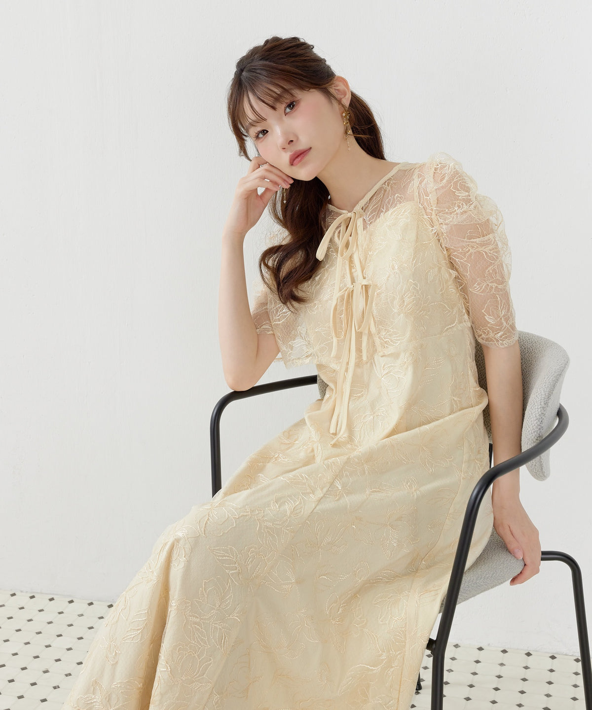 花柄シアーレースリボンドレス2点セット