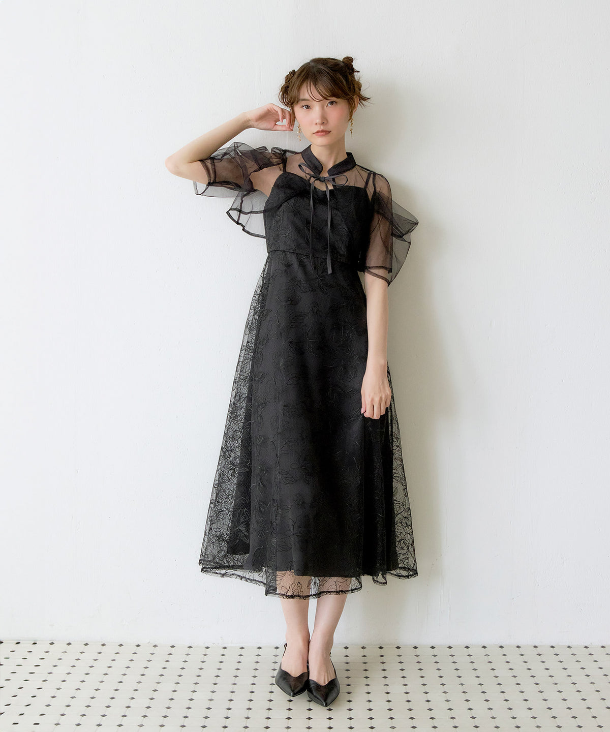タックスリーブボレロ花柄刺繍2点セットドレス
