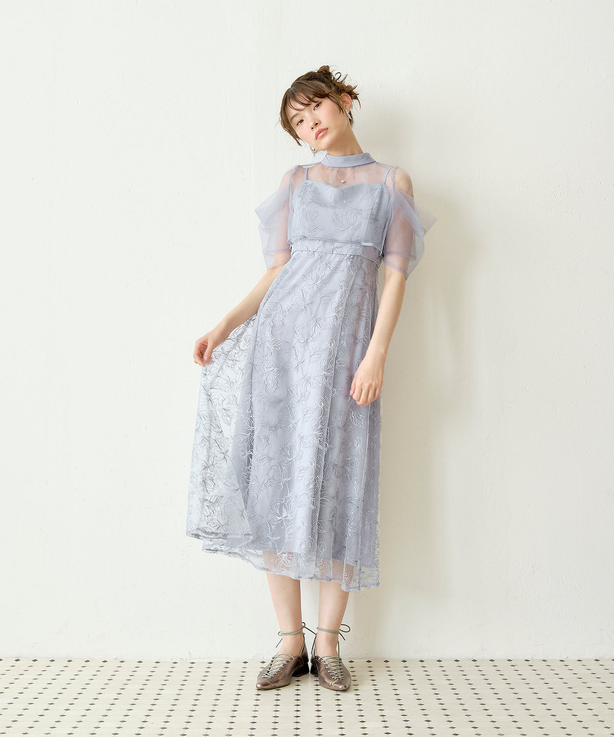 タックスリーブボレロ花柄刺繍2点セットドレス