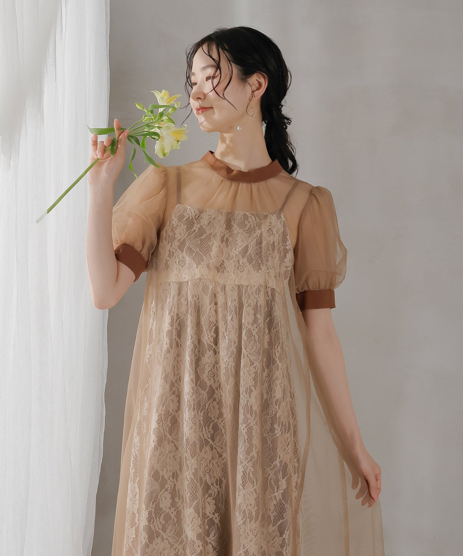 チュール バック リボン レースキャミワンピ 2点セット