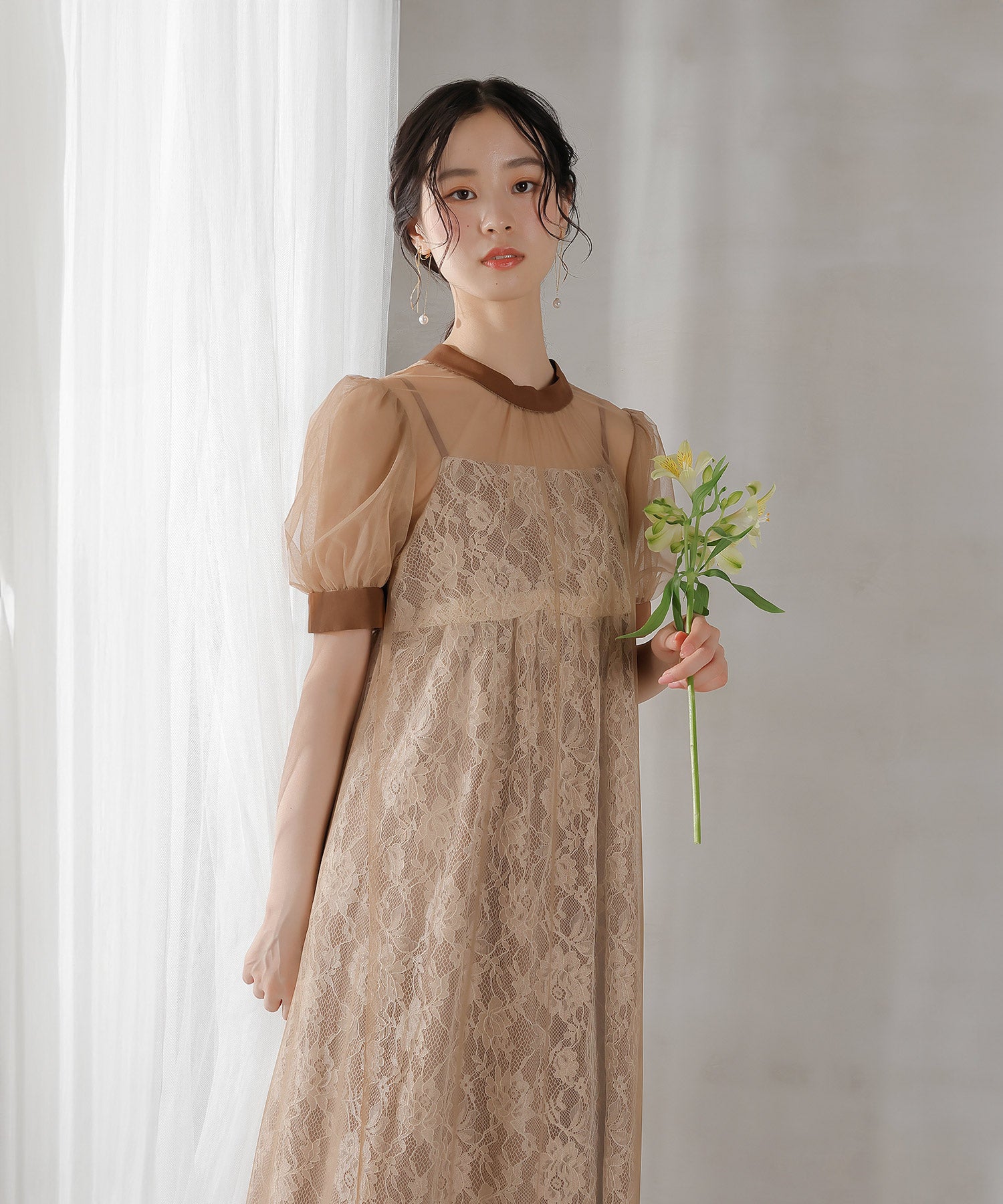 チュール バック リボン レースキャミワンピ 2点セット