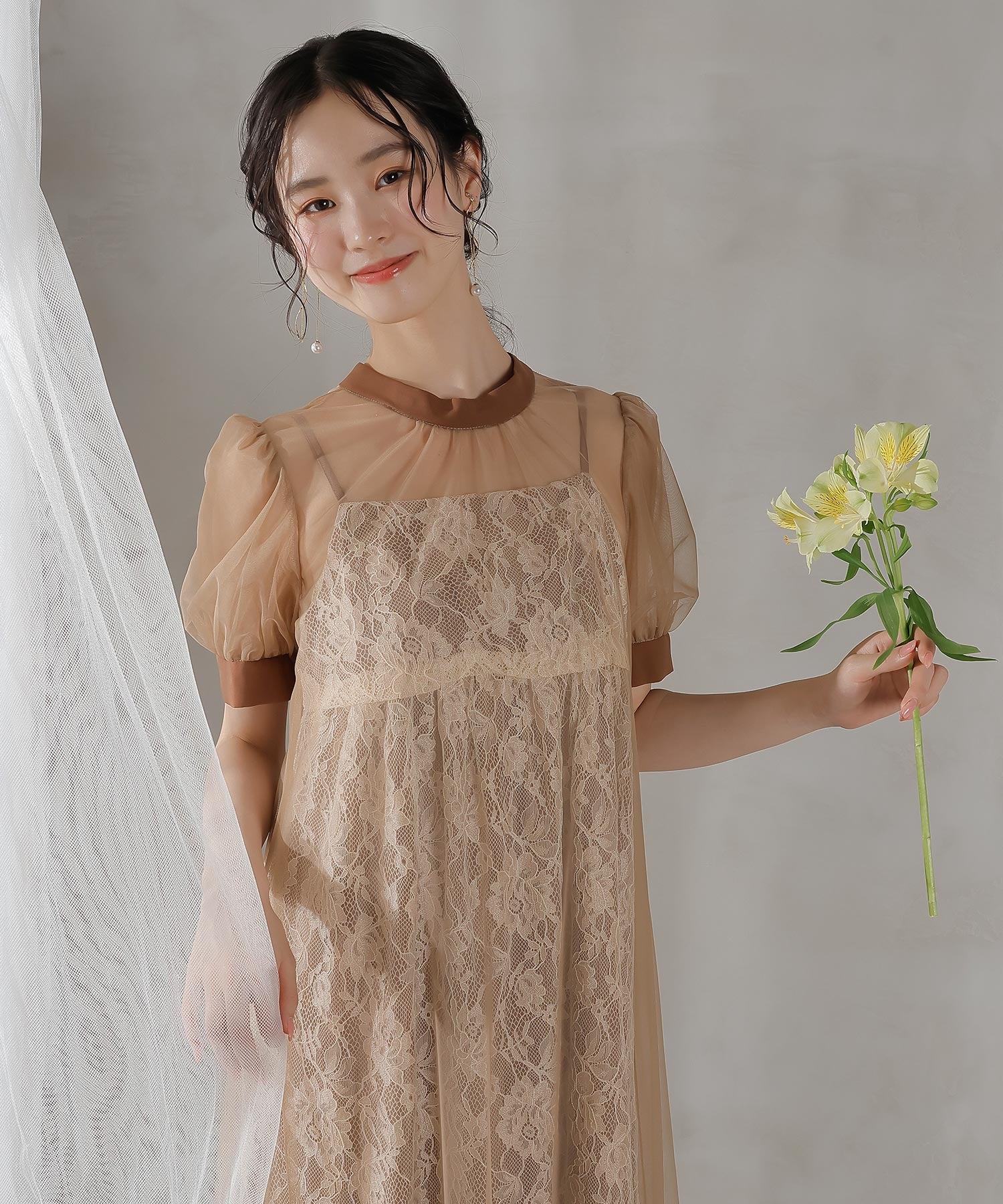 チュール バック リボン レースキャミワンピ 2点セット