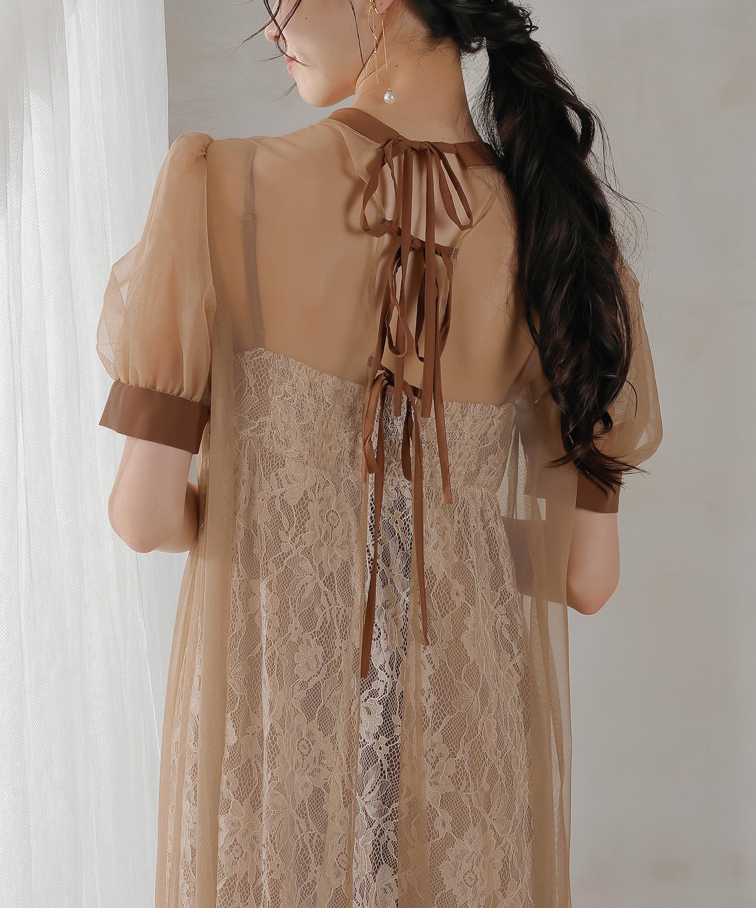 チュール バック リボン レースキャミワンピ 2点セット