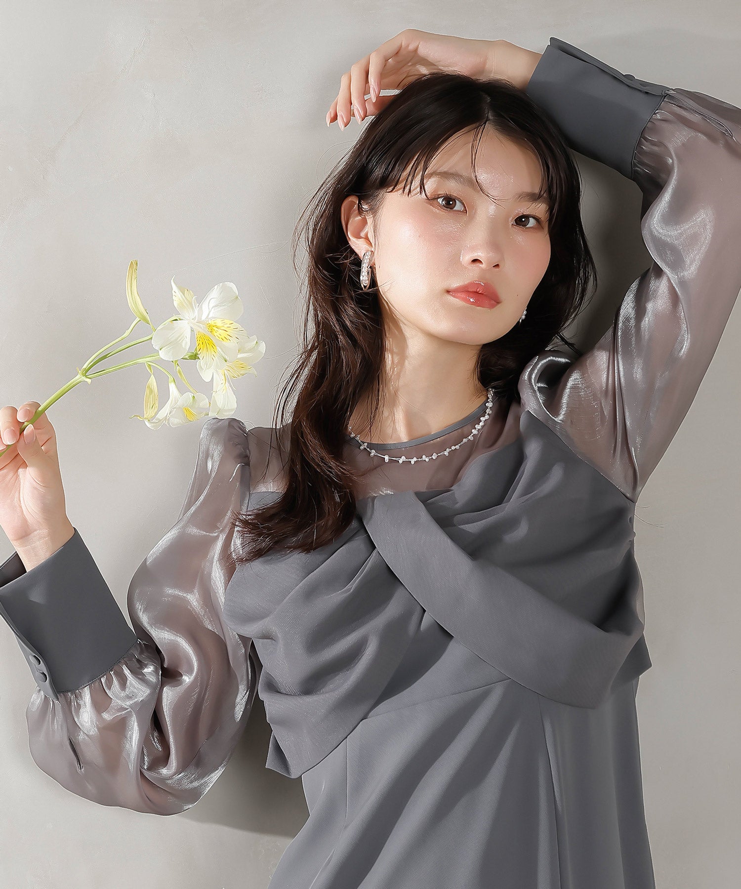 胸元リボン ビスチェ風 Iラインワンピースドレス