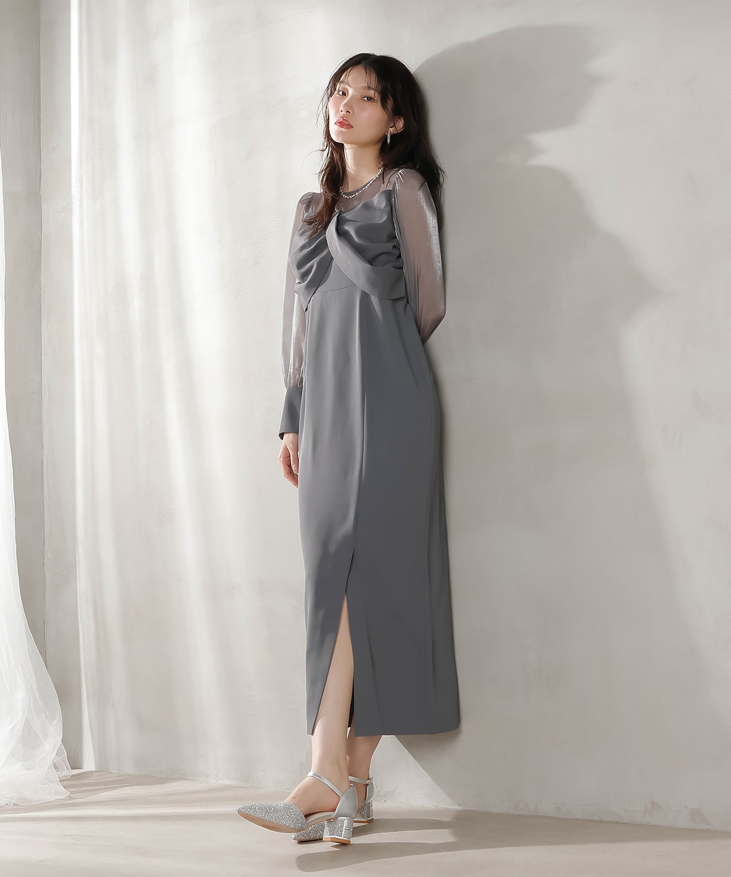 胸元リボン ビスチェ風 Iラインワンピースドレス