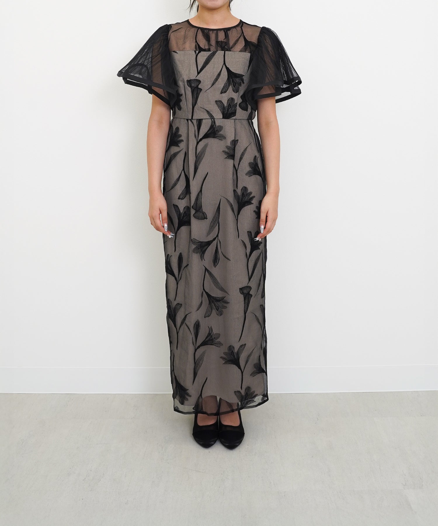 シアー素材 フラワー刺繍 ワンピース ドレス