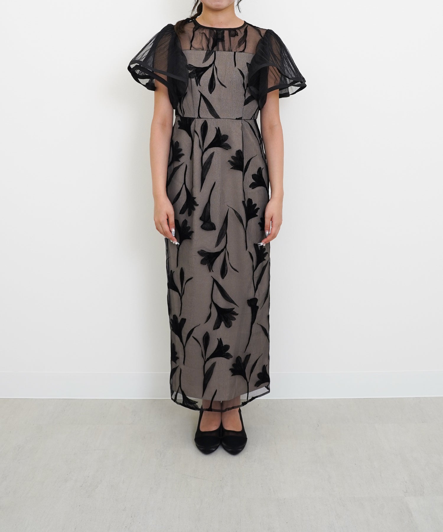 シアー素材 フラワー刺繍 ワンピース ドレス