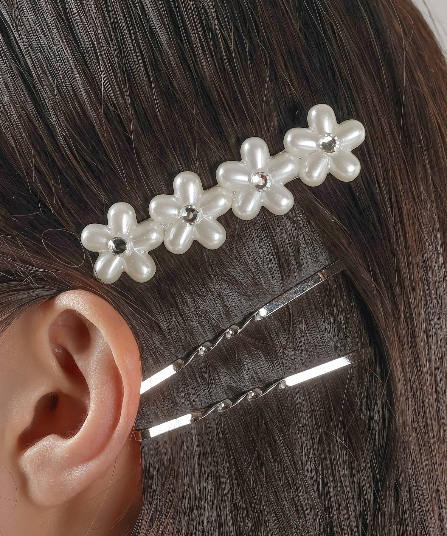 3点セットビジュー パール キラキラ フラワー 大きめ ヘアピン ヘアクリップ
