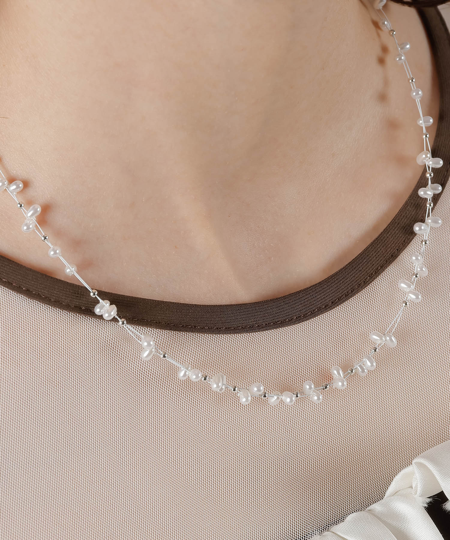 パールワイヤーチョーカー メタル ショート ネックレス