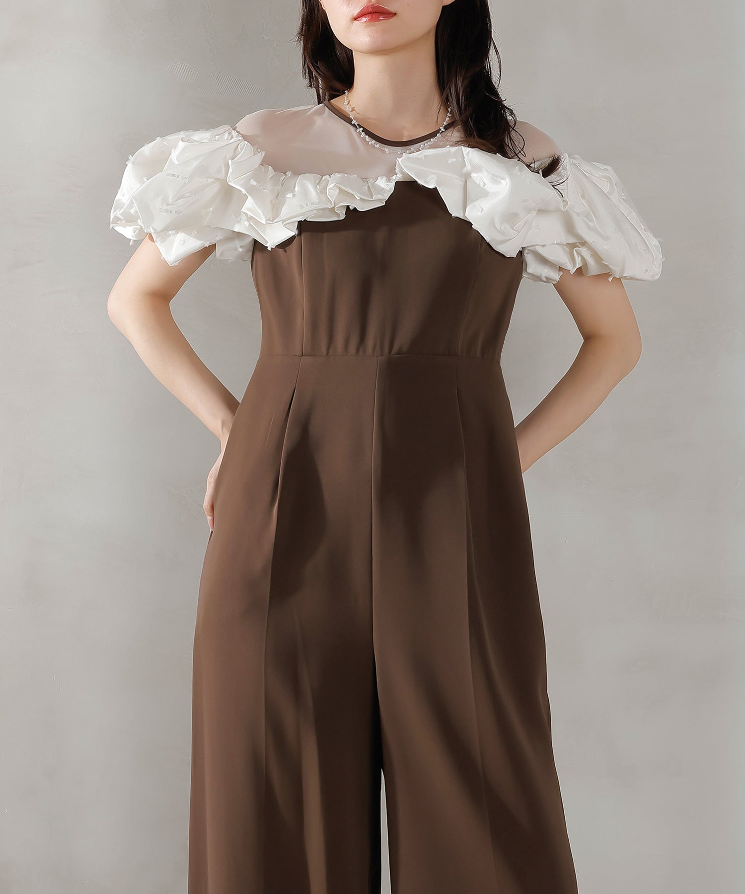 リボンジャガード バイカラー オールインワンパンツドレス