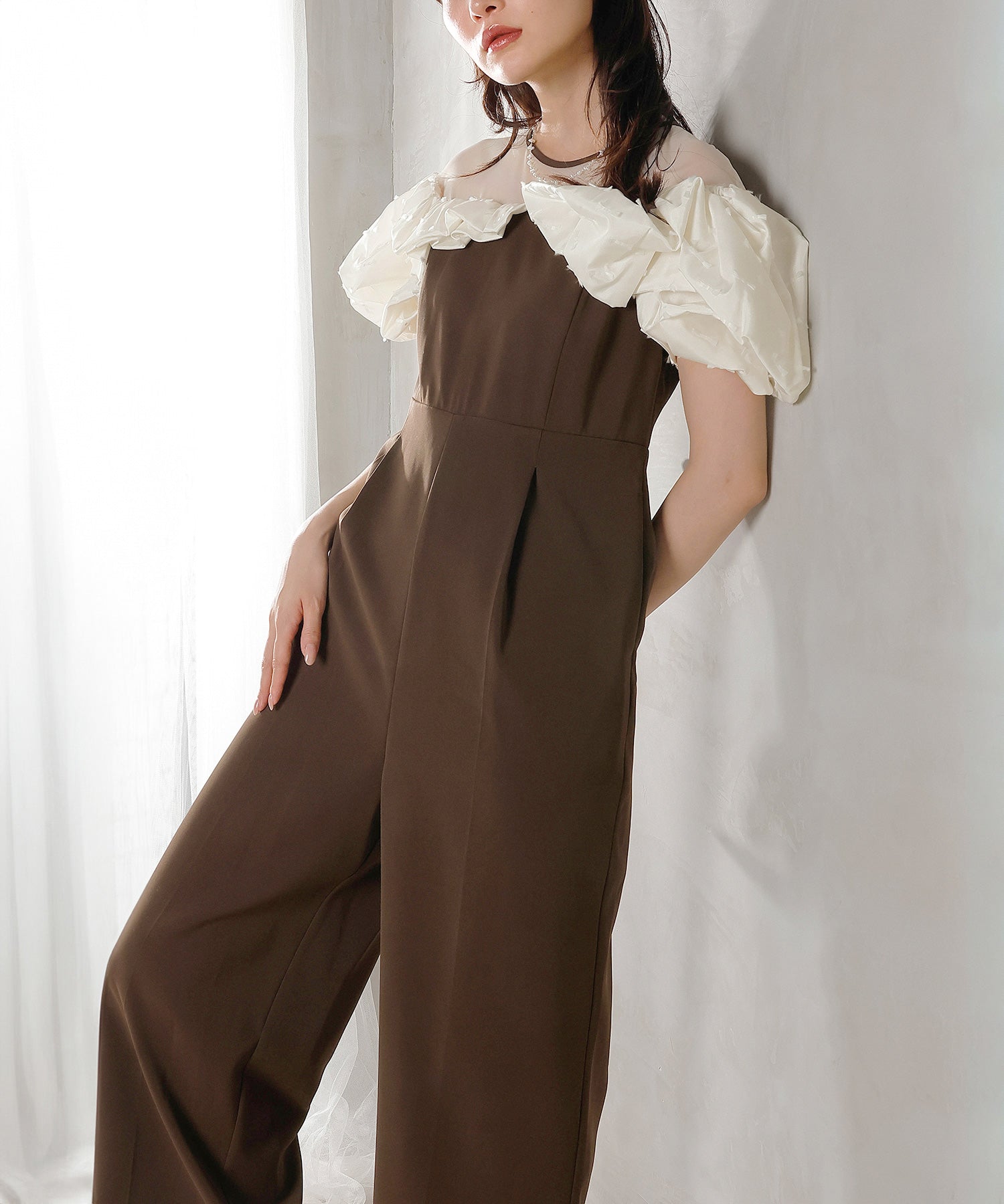 リボンジャガード バイカラー オールインワンパンツドレス