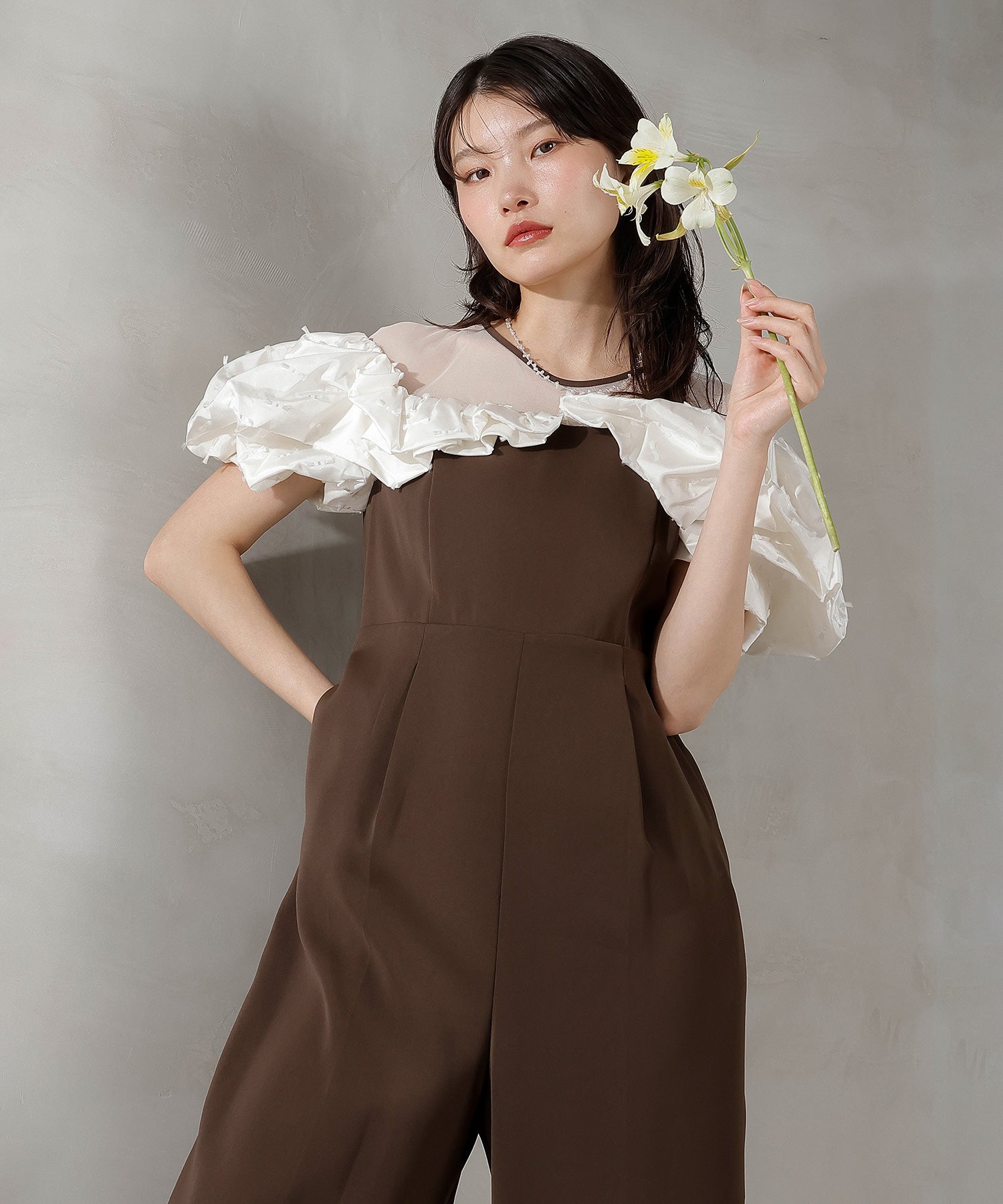 リボンジャガード バイカラー オールインワンパンツドレス