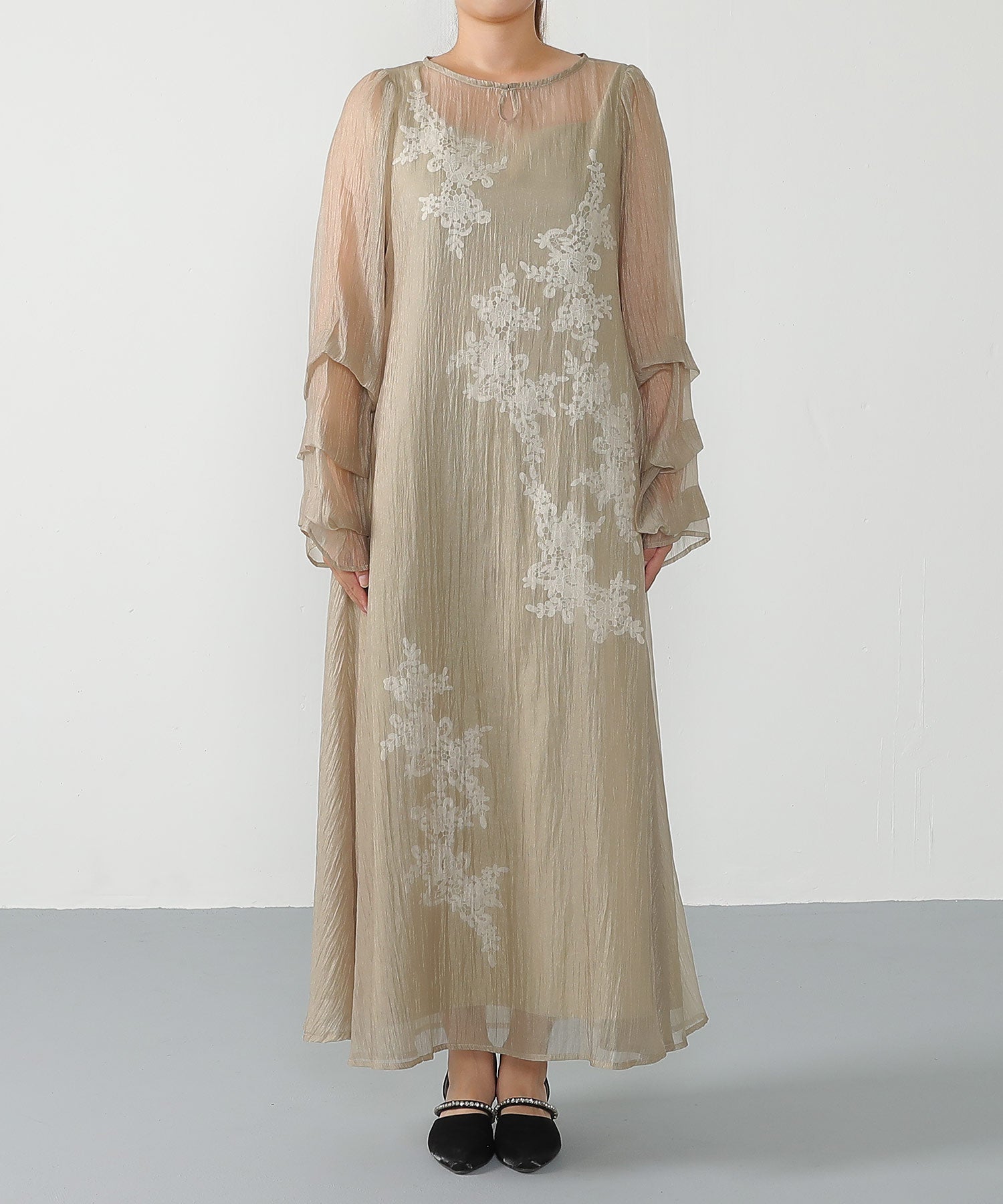 モチーフレース シアー ワンピース パーティードレス　マスタード Kana ドレス モチーフレース シアー ワンピース パーティー