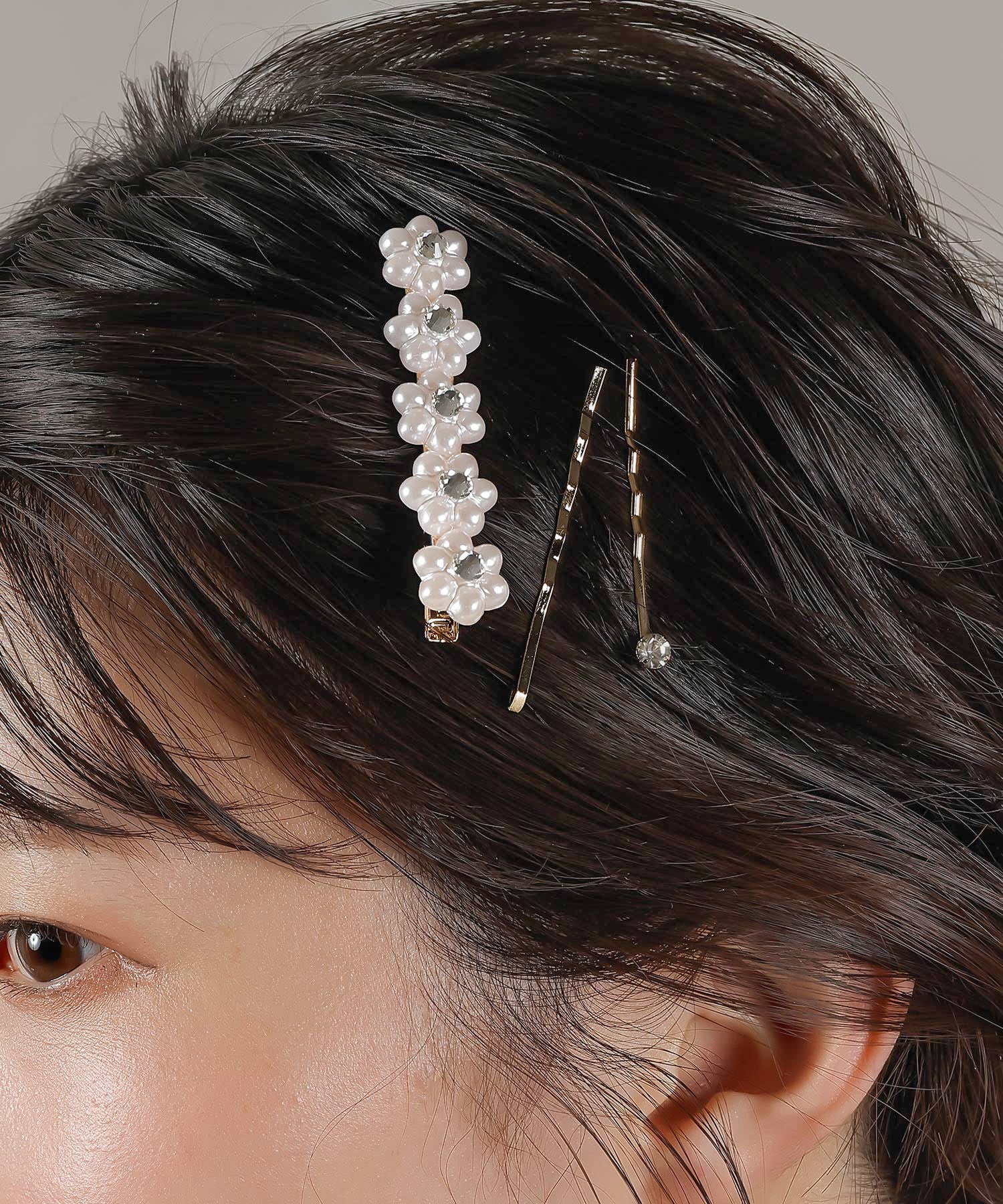 3点セット ビジュー パール キラキラ フラワー ヘアピン ヘアクリップ セット