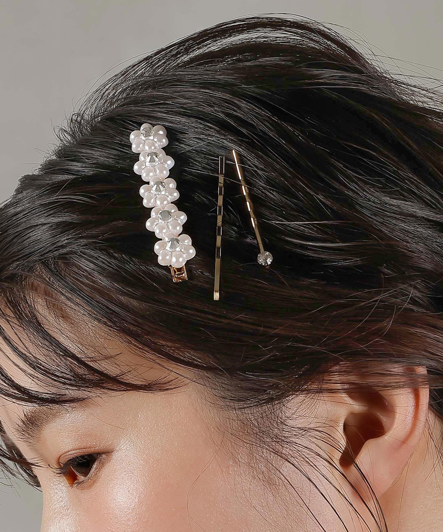 3点セット ビジュー パール キラキラ フラワー ヘアピン ヘアクリップ