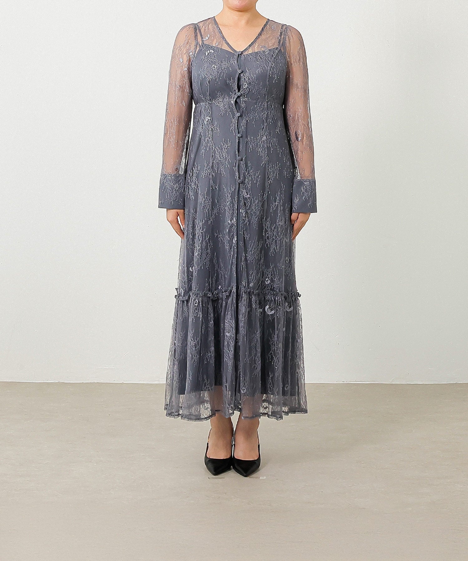 総レース ティアード Aライン ワンピースドレス