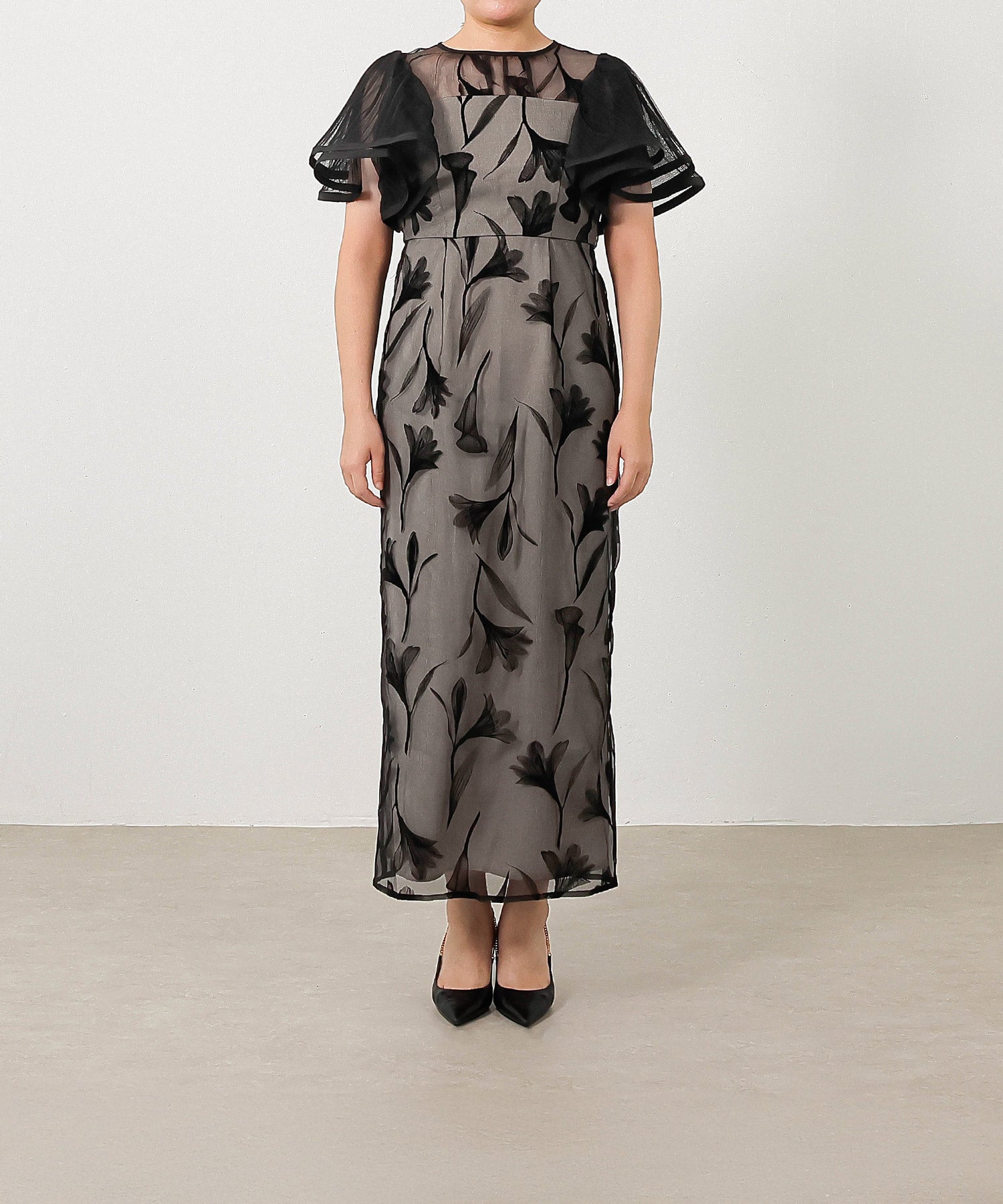 シアー素材 フラワー刺繍 ワンピース ドレス