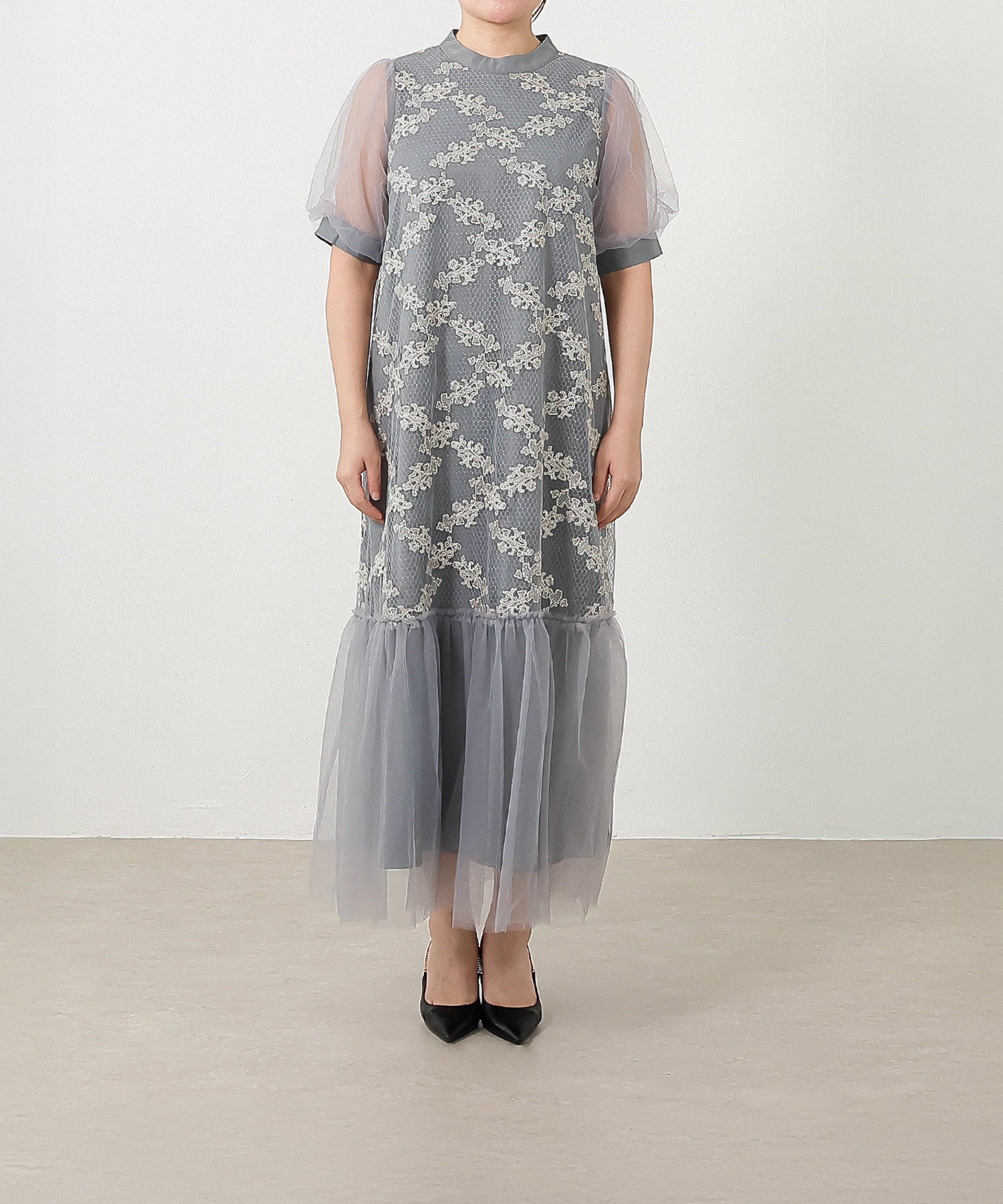 刺繍レース チュールドレス 刺繍レース チュール Aライン ティアード ワンピース ドレス