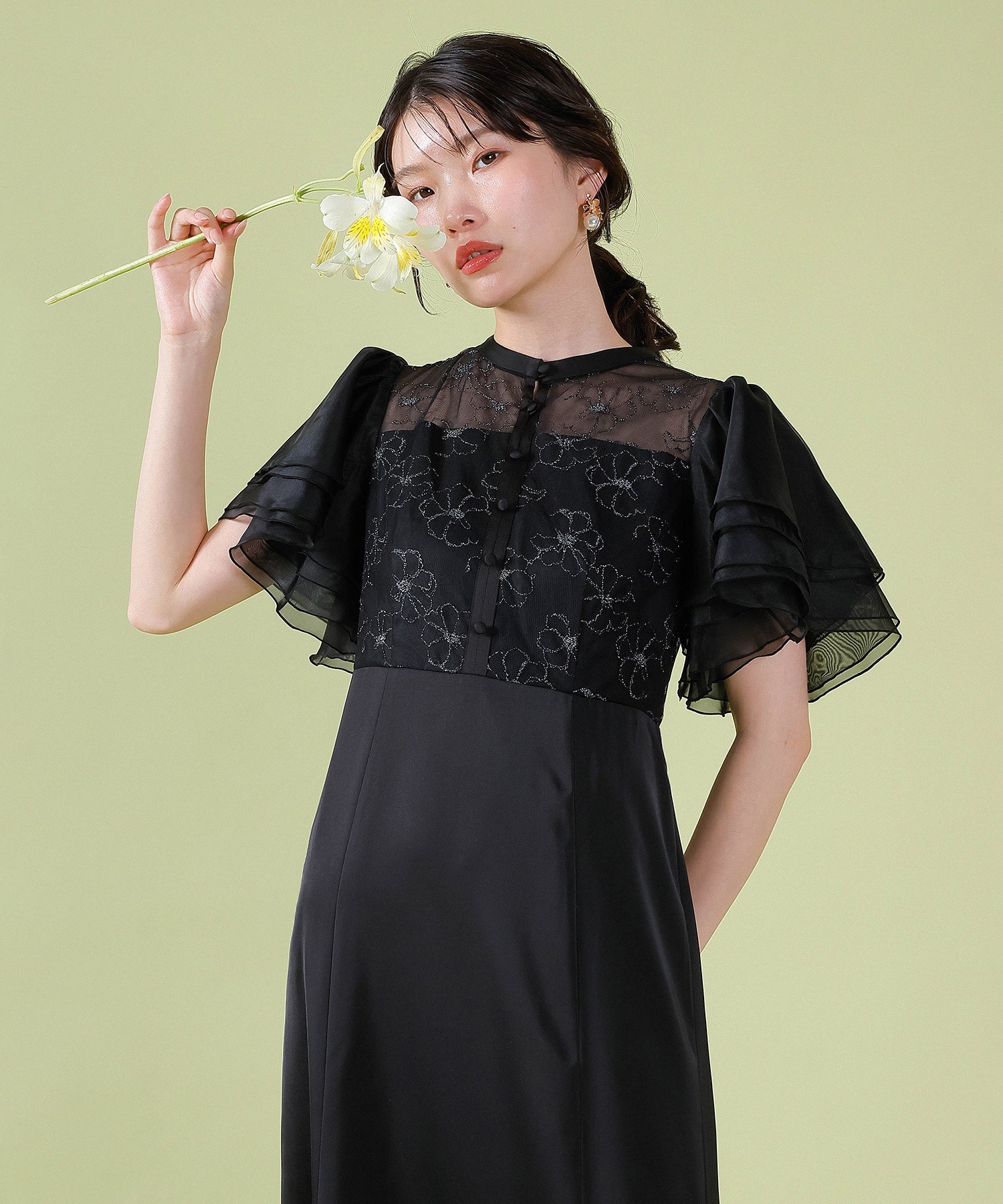 ラッフルスリーブ 刺繍レース ワンピース ドレス