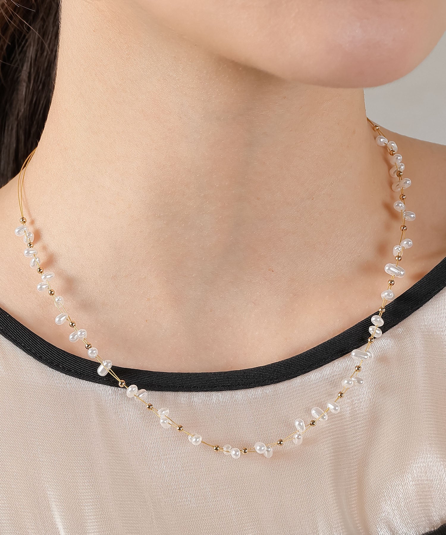 パールワイヤーチョーカー メタル ショート ネックレス