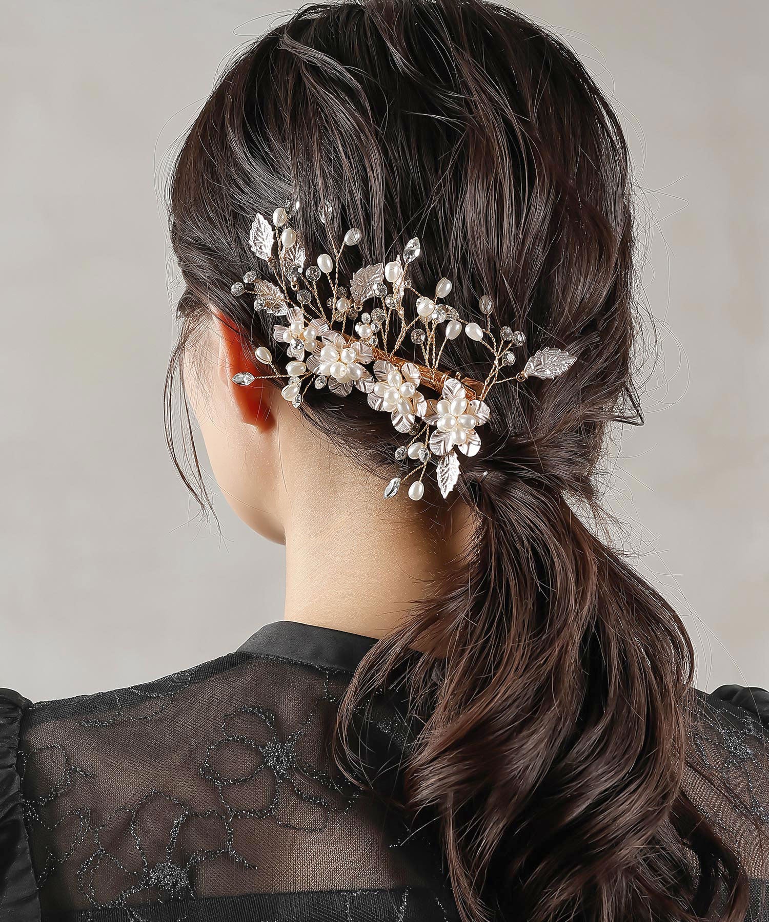 パール ビジュー フラワー リーフ ヘアクリップ