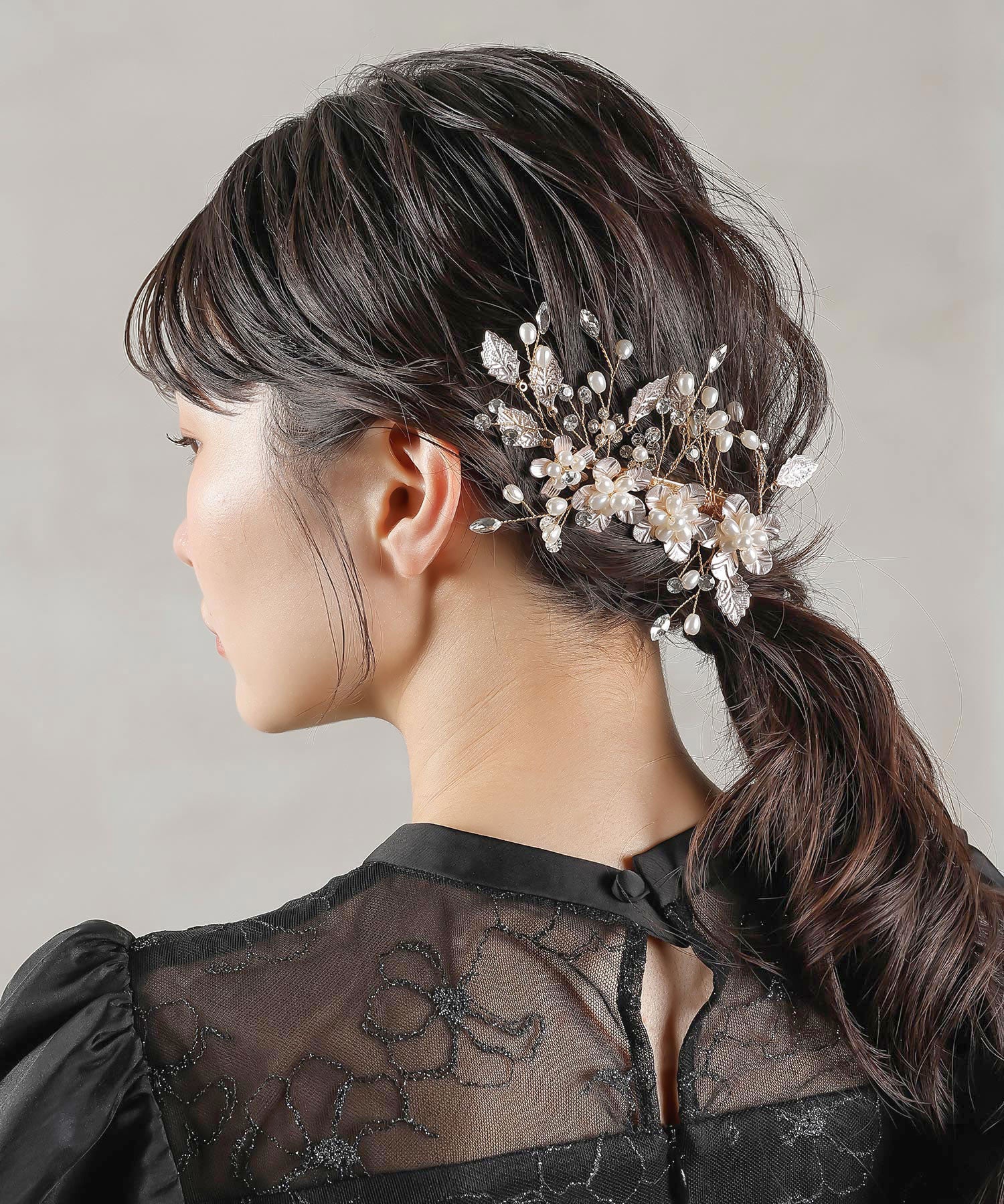 パール ビジュー フラワー リーフ ヘアクリップ