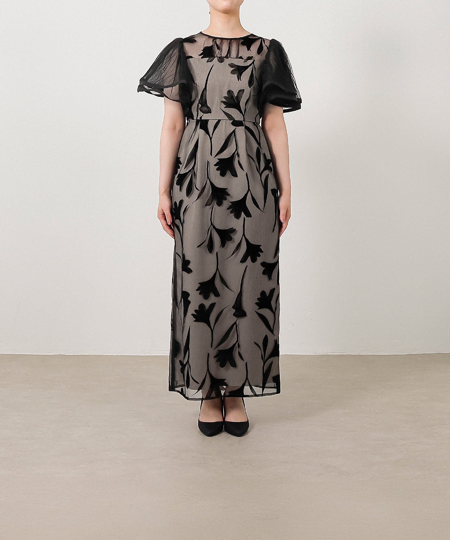 シアー素材 フラワー刺繍 ワンピース ドレス