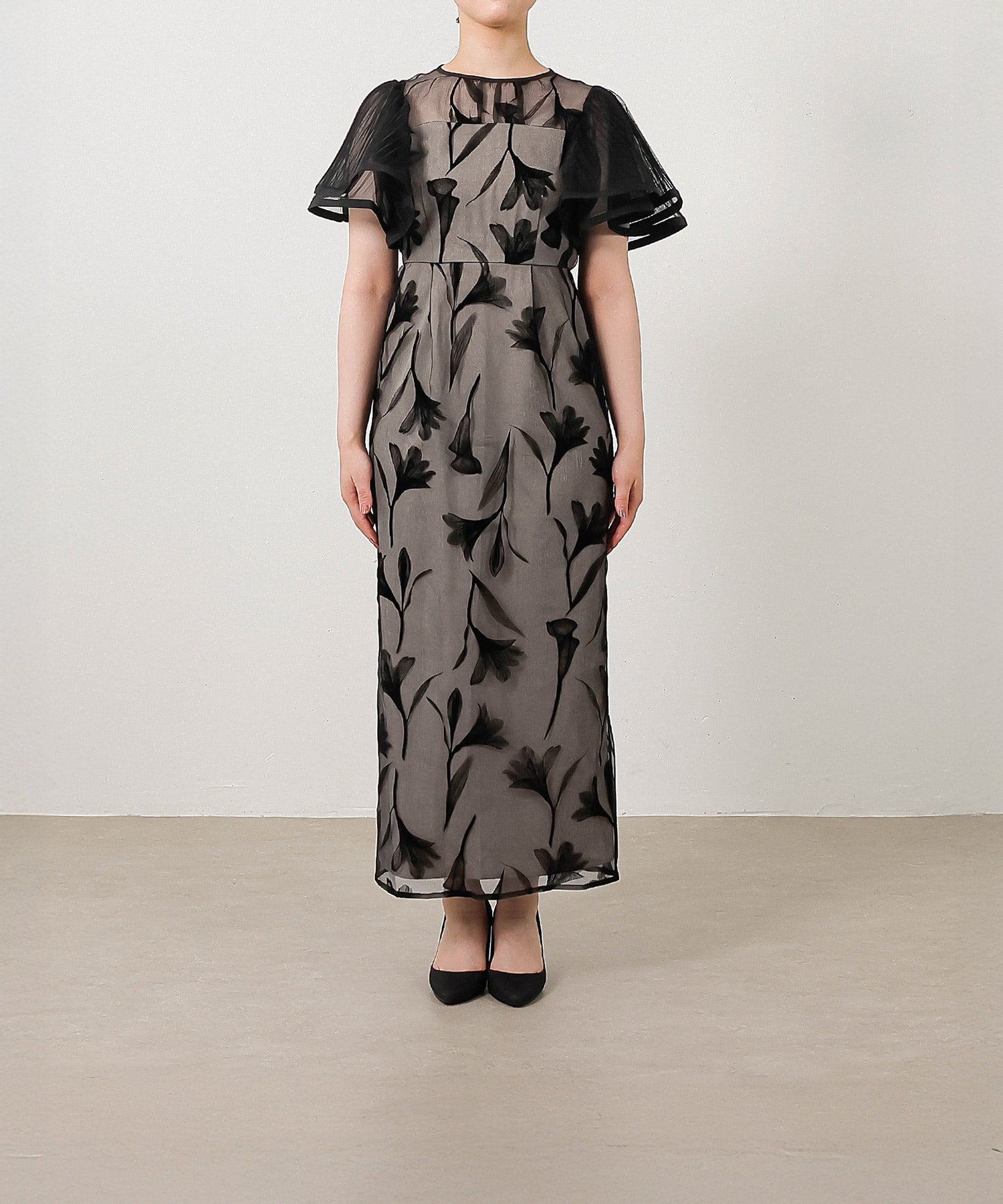 シアー素材 フラワー刺繍 ワンピース ドレス