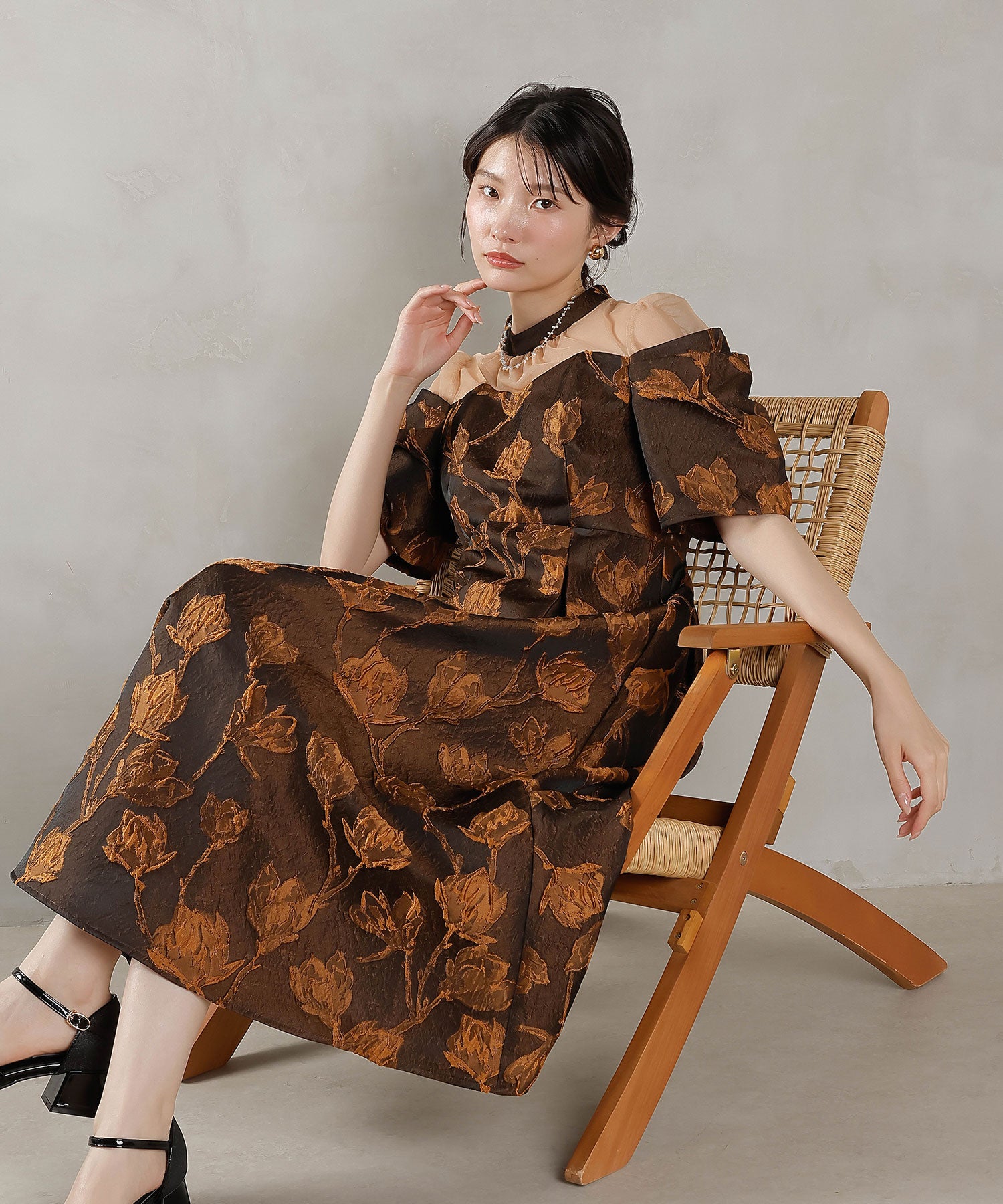 ジャガード 花柄 チュール オフショル風 Aライン ワンピース ドレス