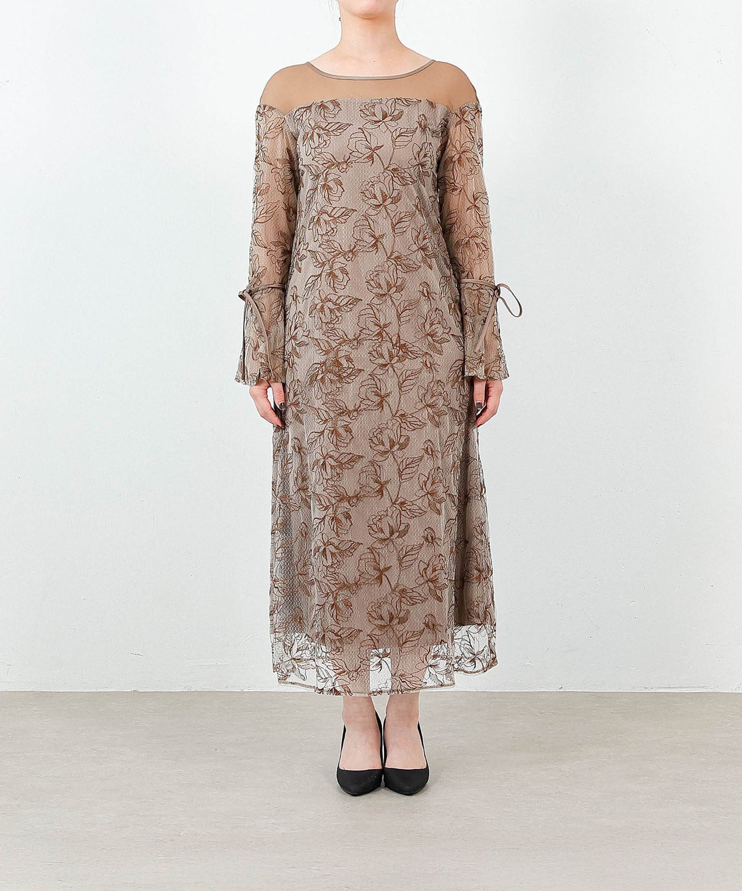 フラワー刺繍 袖リボン ドレス ワンピース