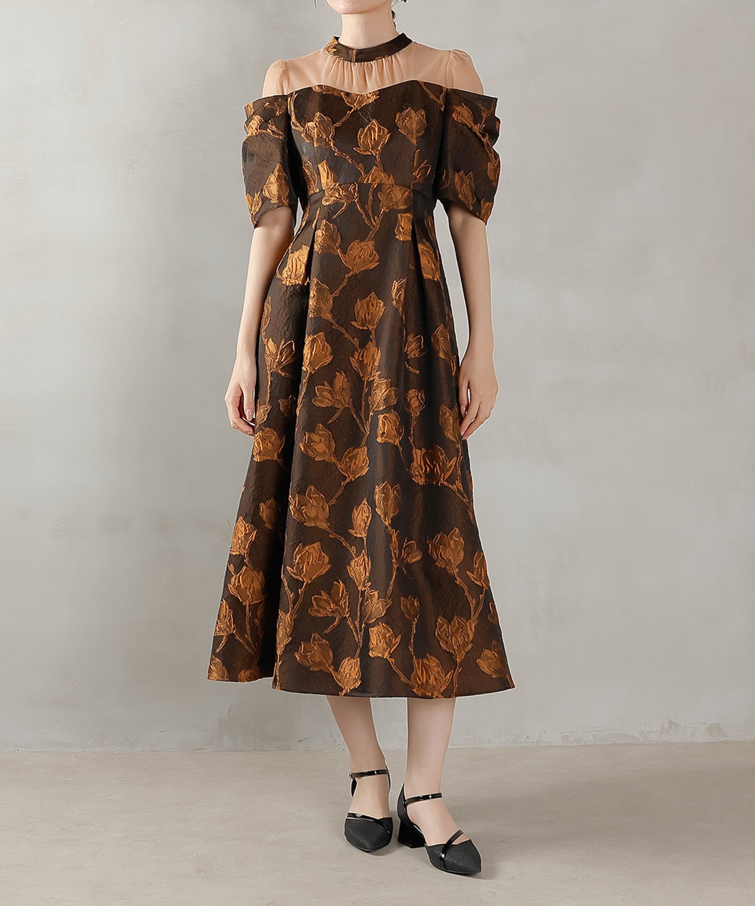 ジャガード 花柄 チュール オフショル風 Aライン ワンピース ドレス