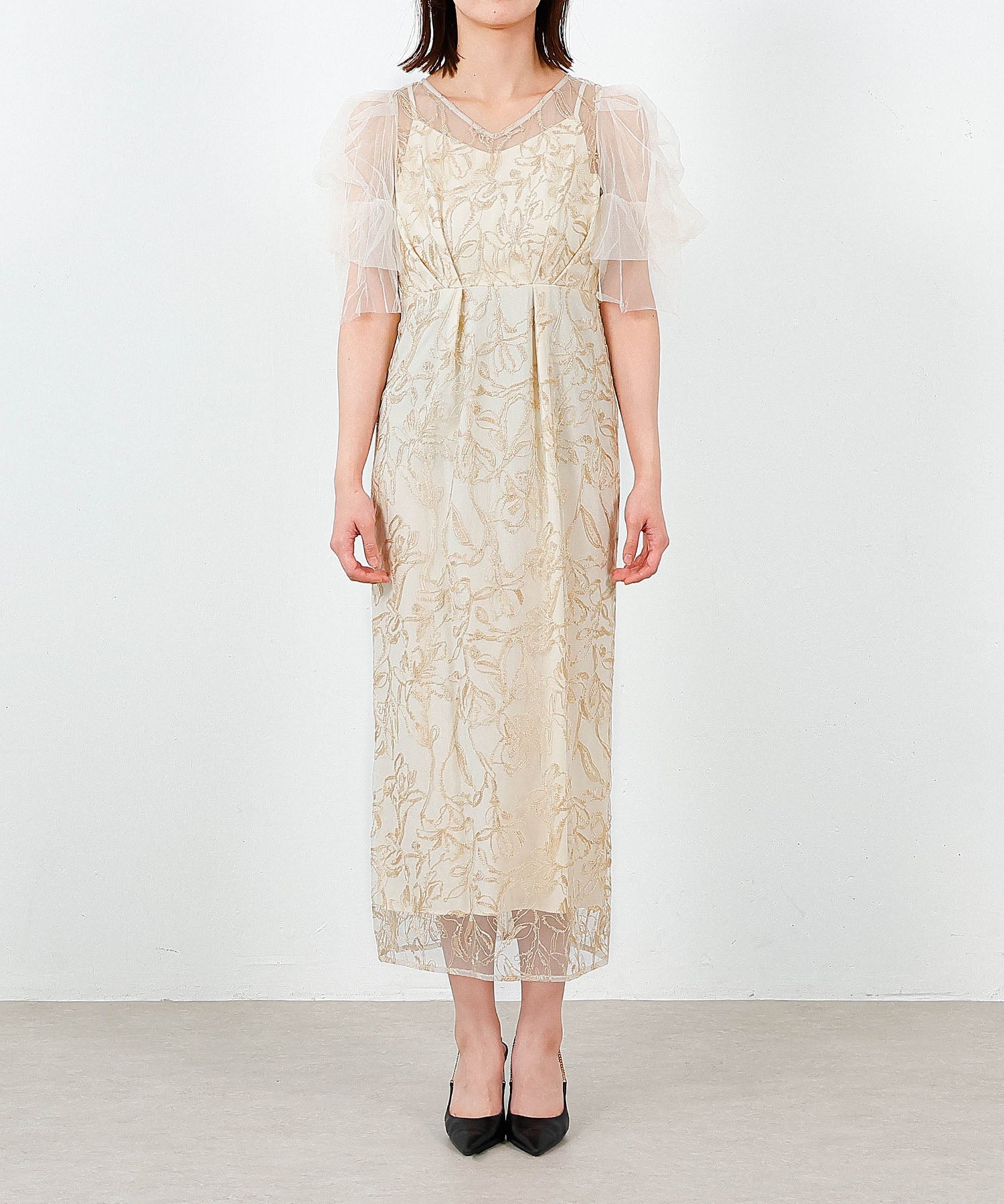 刺繍レース チュールスリーブ パーティードレス 結婚式 お呼ばれ オケージョン 刺繍レース チュールスリーブ パーティードレス